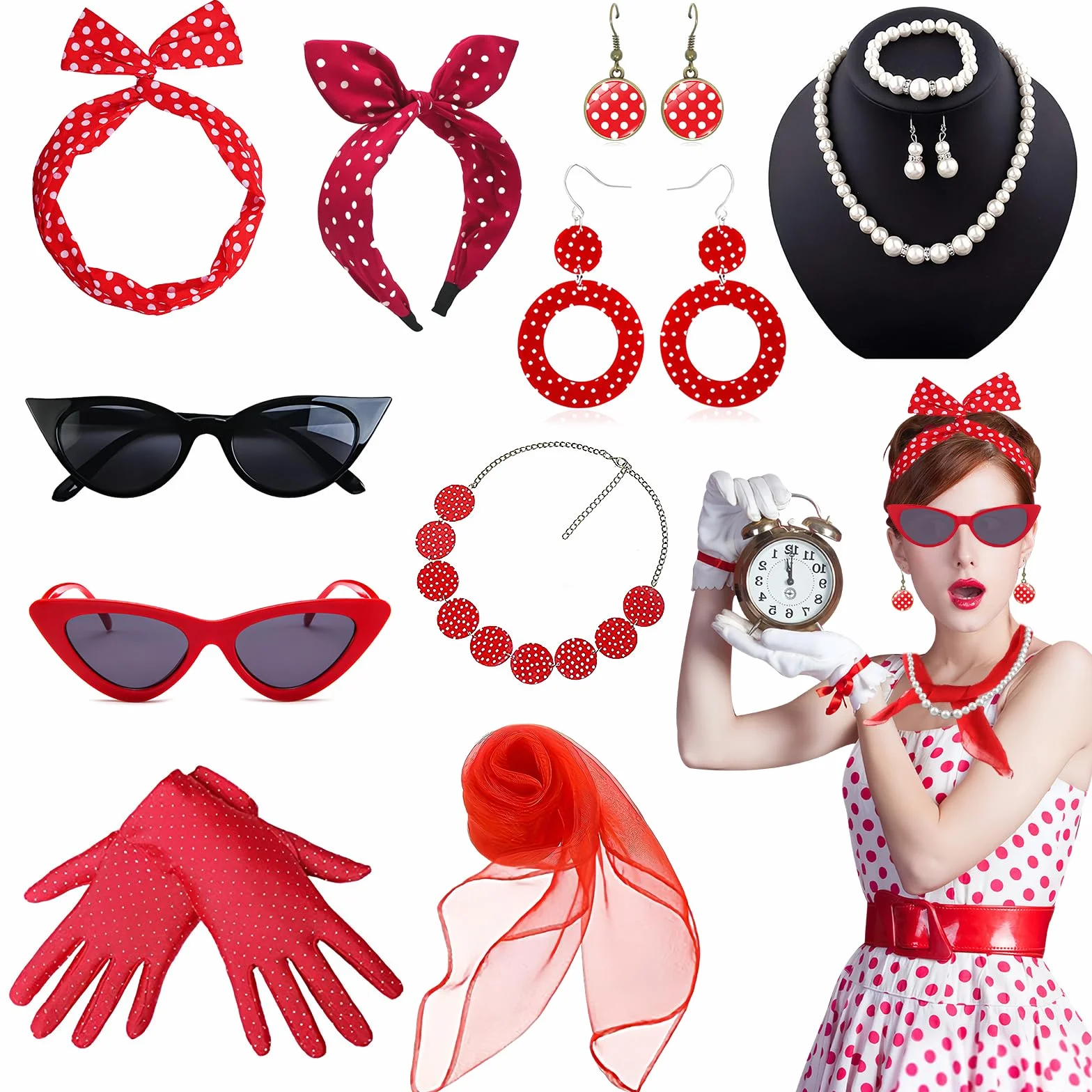 Grantop Akcesoria damskie w stylu lat 50. XX wieku, 12-częściowy zestaw akcesoriów damskich w stylu rockabilly, w stylu retro, akcesoria do kostiumu z szyfonu, szalik, rękawiczki, opaska na czoło