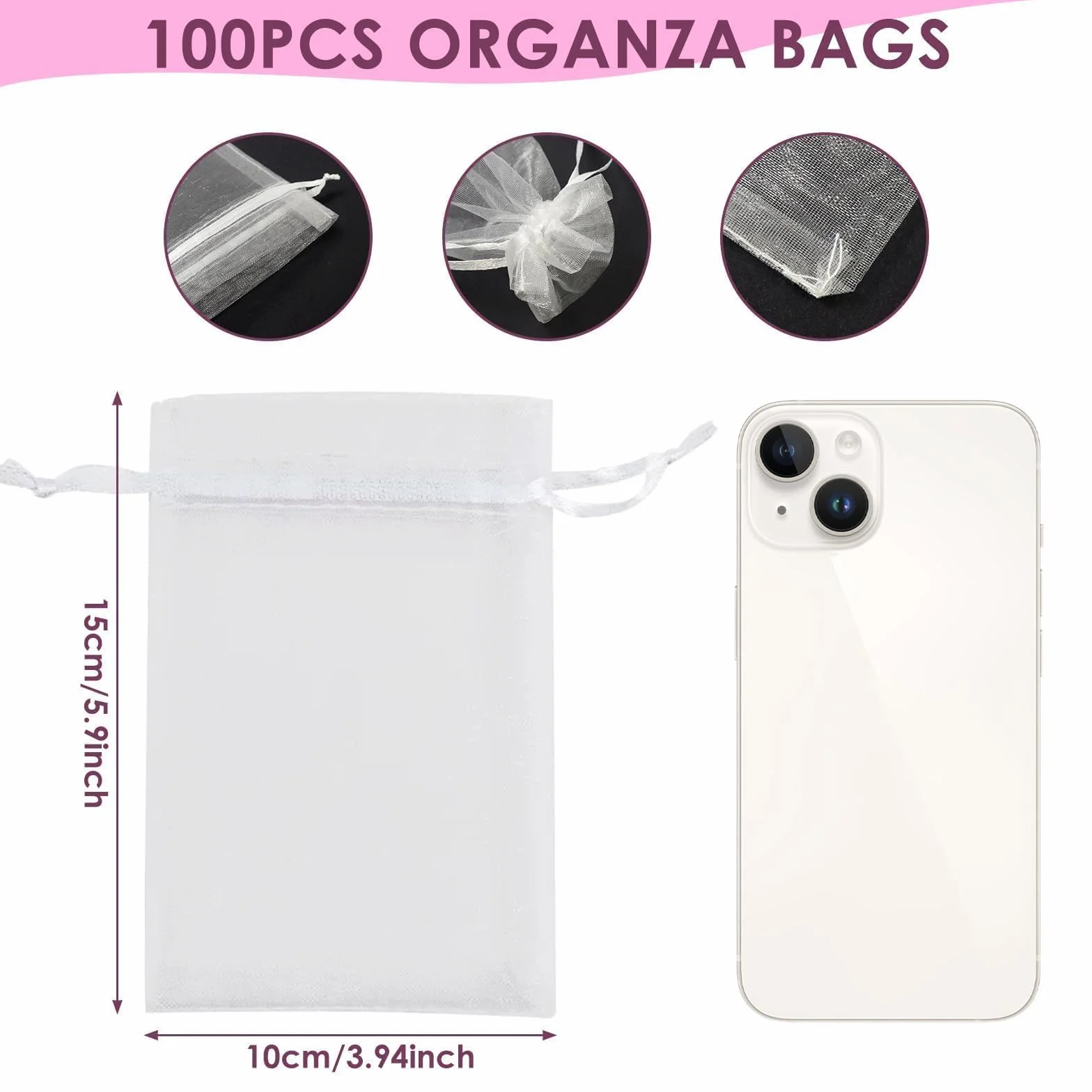 Quelcc 100 szt. białych torebek ze sznurkiem z organzy, 10 x 15 cm, torebki na prezenty z organzy, torebki na biżuterię, torebki z siatki na cukierki, prezenty ślubne, Boże Narodzenie, urodziny