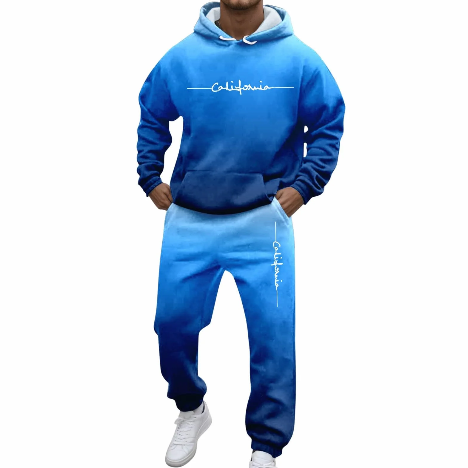 Baggy Męski dres do joggingu, bawełna, długi dres sportowy, Los Angeles, strój rekreacyjny z nadrukiem 3D, 2-częściowy, kolorowy gradient z kapturem i spodniami do biegania, na siłownię, dres