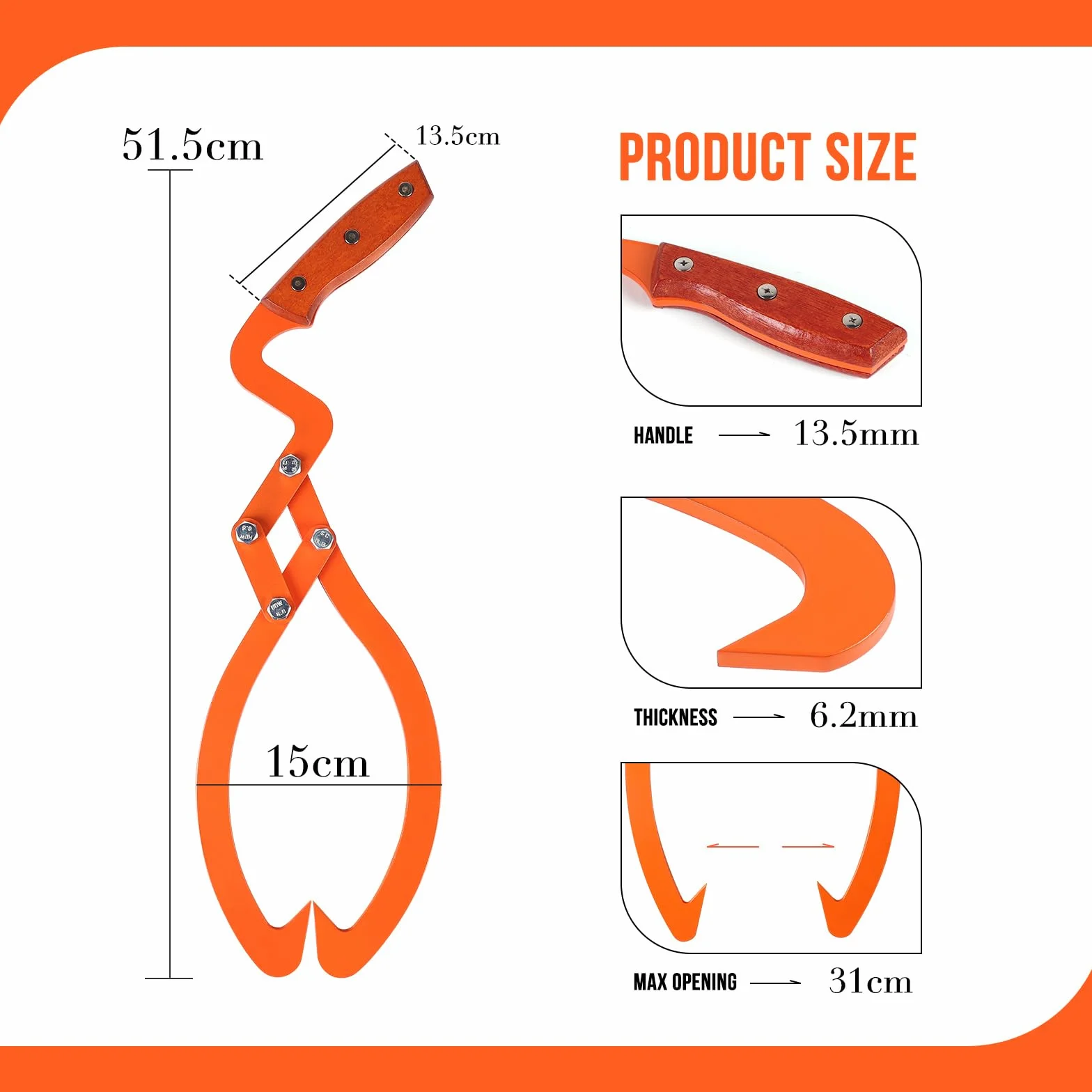 SWAWIS Ręczne szczypce do pni drzew do 33 cm (13 cali), szczypce leśne ze stali, szczypce do drewna o sile ciągnącej 600 kg, chwytak do drewna z antypoślizgowym uchwytem do prac leśnych (pomarańczowe)