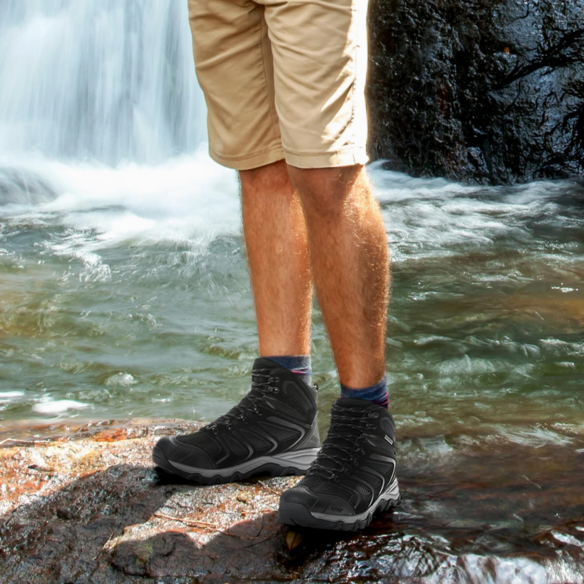 NORTIV 8 Męskie wodoodporne buty turystyczne, Cały czarny zamsz, 10 UK Wide | Lekkie buty trekkingowe na kemping, do trekkingu i wspinaczki górskiej
