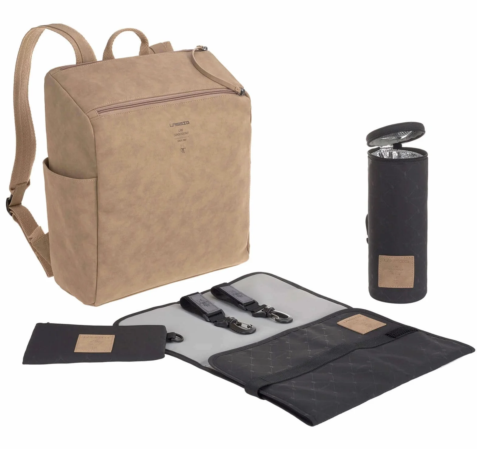 LÄSSIG Plecak do przewijania dla niemowląt, torba do przewijania ze skóry wegańskiej/Tender Backpack Camel, 1 sztuka (1 opakowanie)