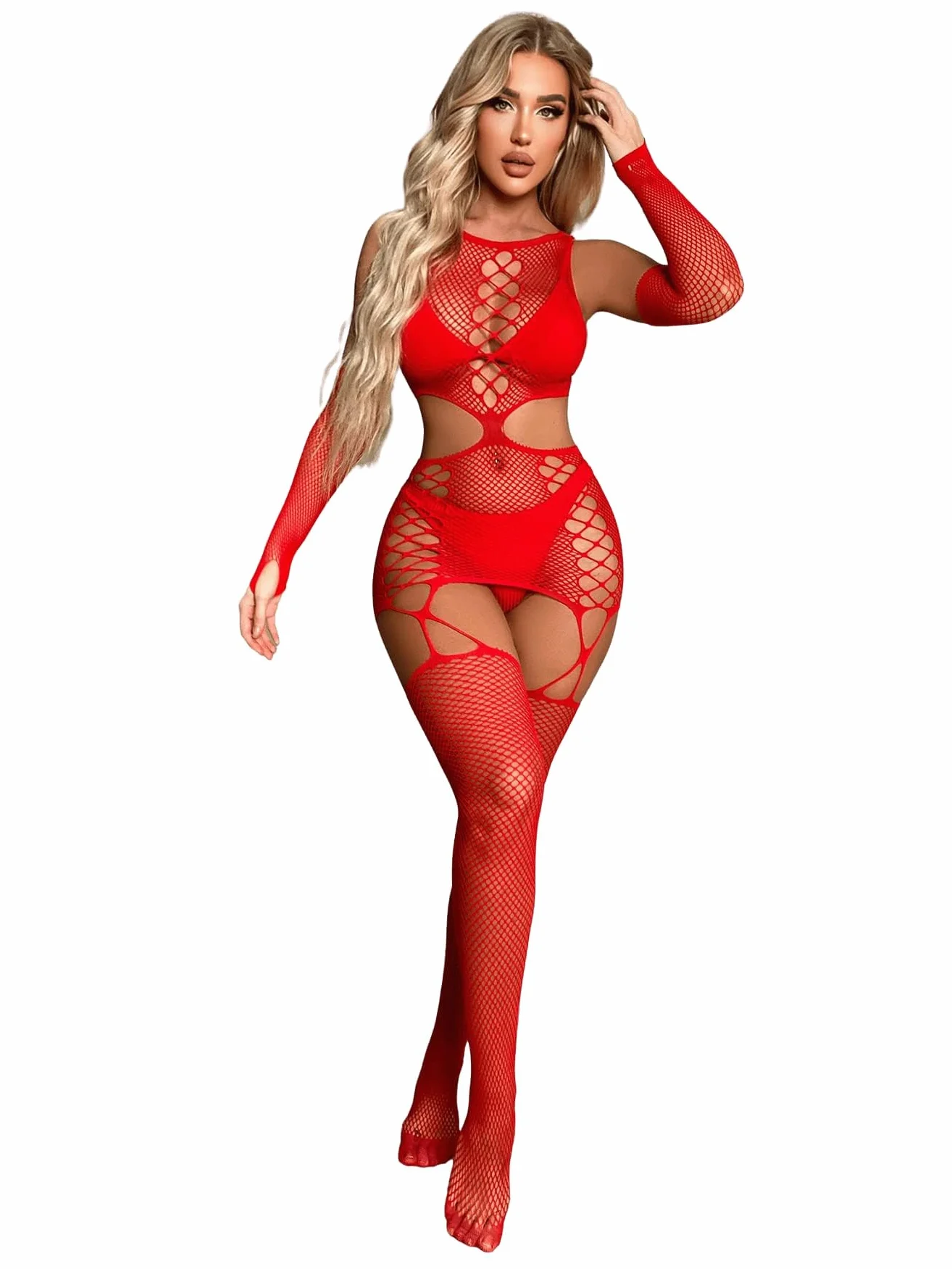 Czerwono-czarna siatkowa bodystocking bielizna damska body erotyczna
