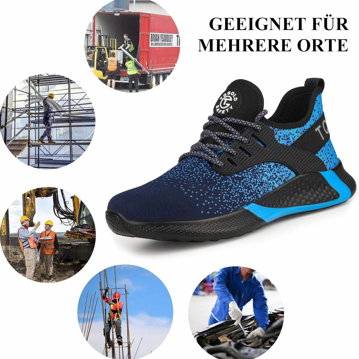 AONETIGER Buty ochronne dla mężczyzn i kobiet, lekkie buty robocze, stalowy nosek, sportowe, oddychające, antypoślizgowe, 8195 niebieski, 42 EU