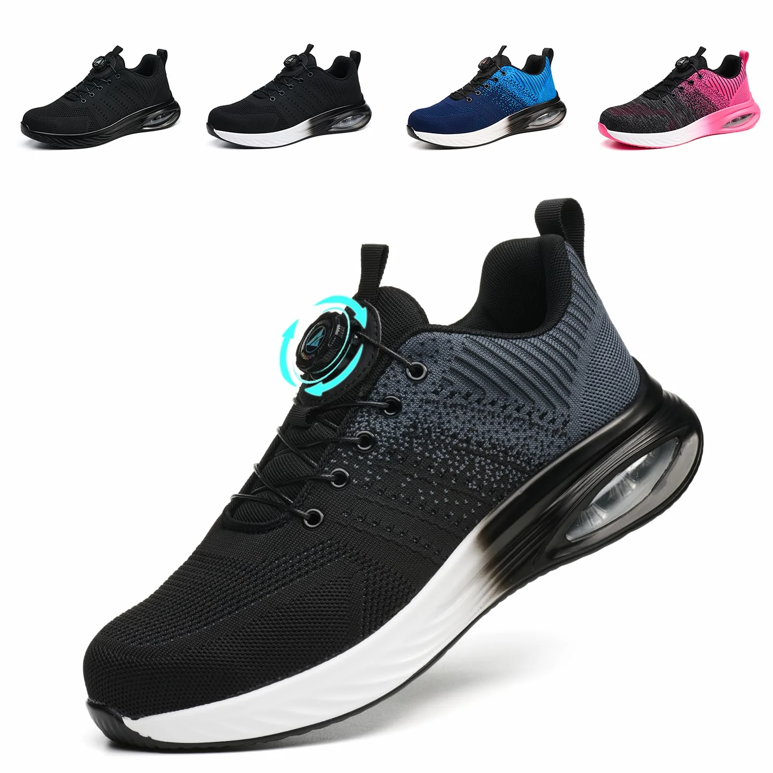 Buty ochronne dla mężczyzn i kobiet, lekkie, sportowe buty robocze, oddychające, stalowe noski, antypoślizgowe, z pokrętłem, szary, 38 EU