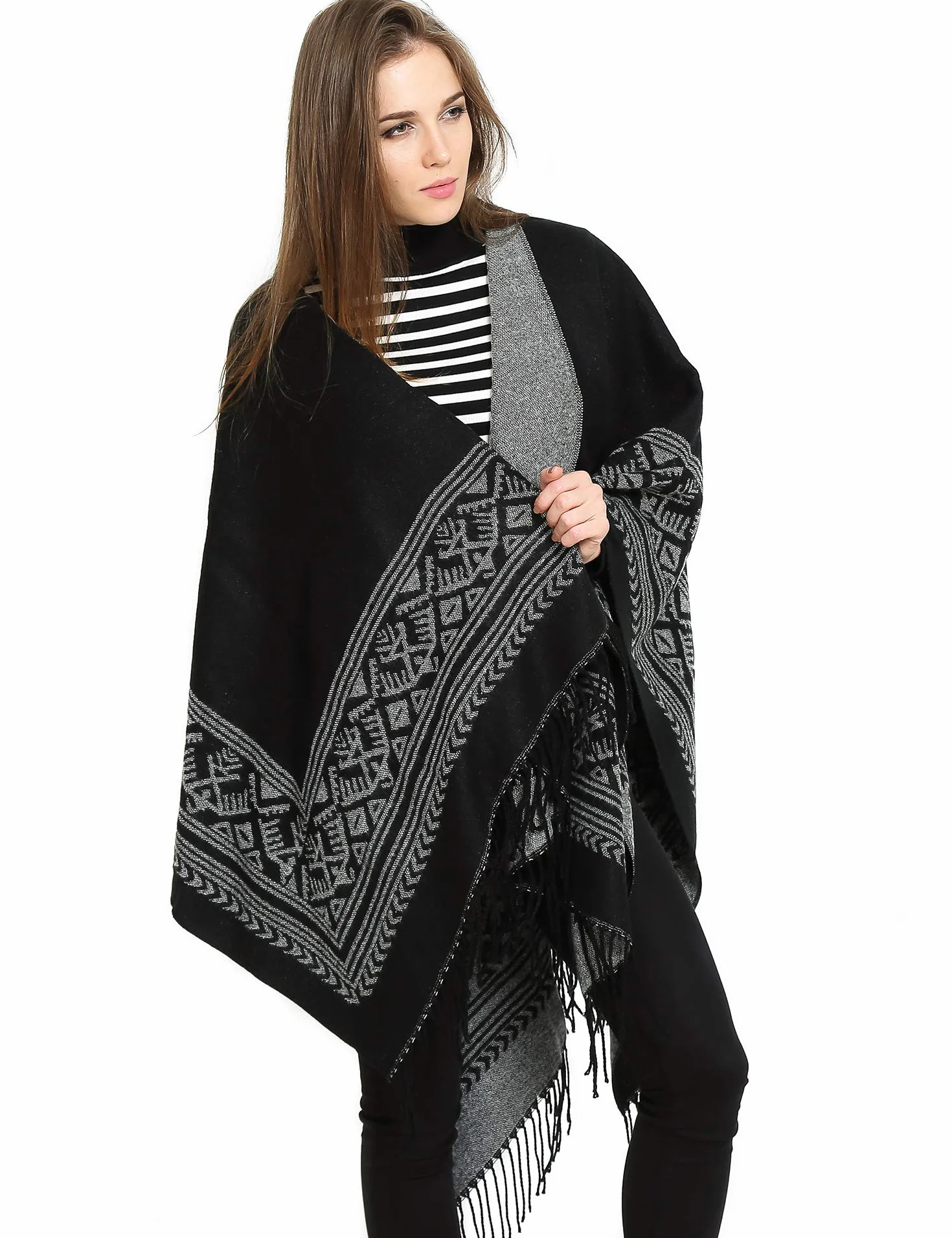 Superora Damskie ponczo peleryna szalik tartan frędzle duży długi