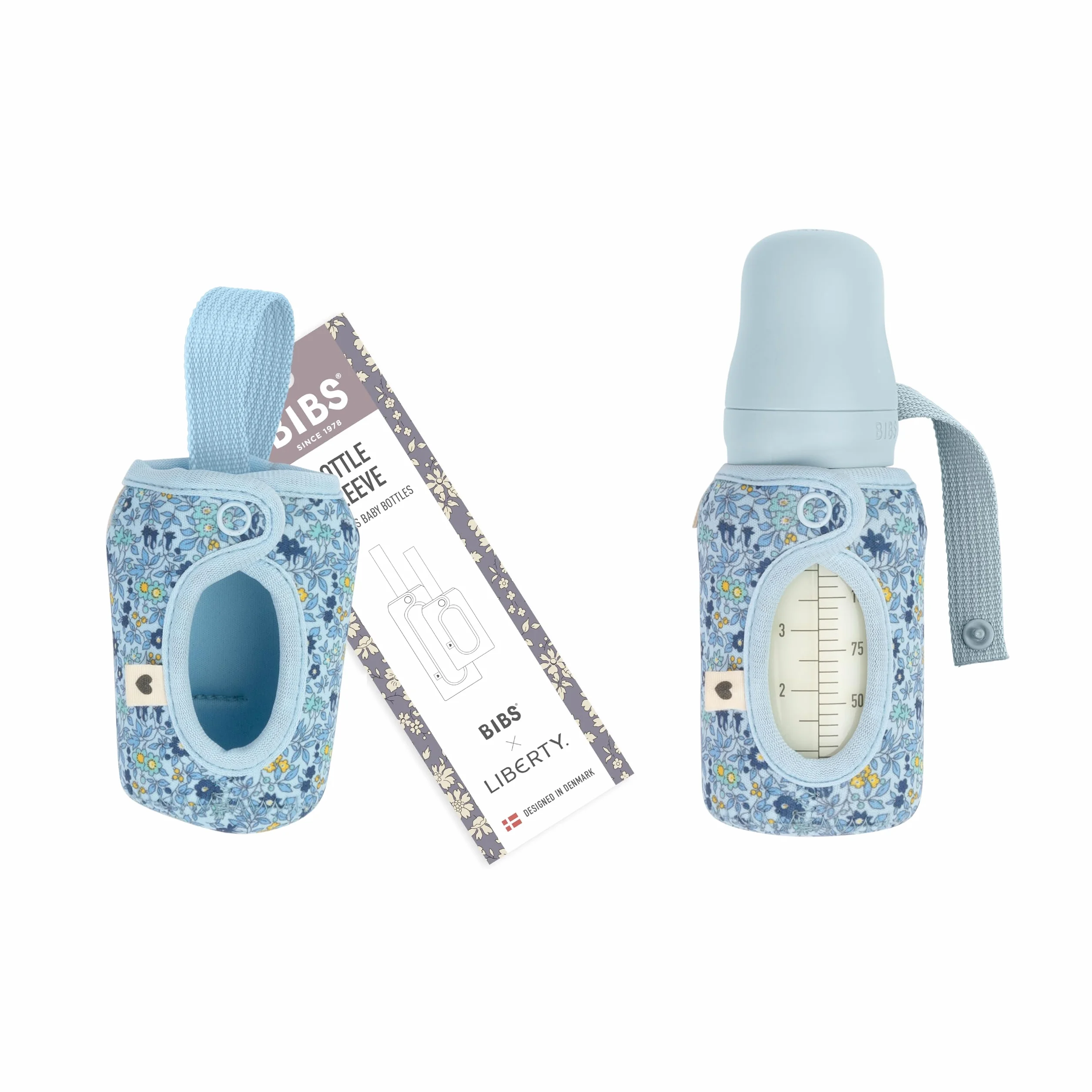 BIBS x LIBERTY Pokrowiec na butelkę dla niemowląt 110ml - Neoprenowa osłona ochronna na butelki BIBS - Wzór Liberty, Small, Charmomile Lawn Baby Blue