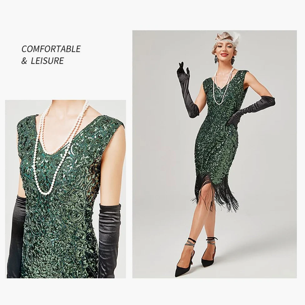 Sukienka Flapper dla kobiet z lat 20. XX wieku, cekiny, frędzle, kostium Gatsby, sukienka kostiumowa