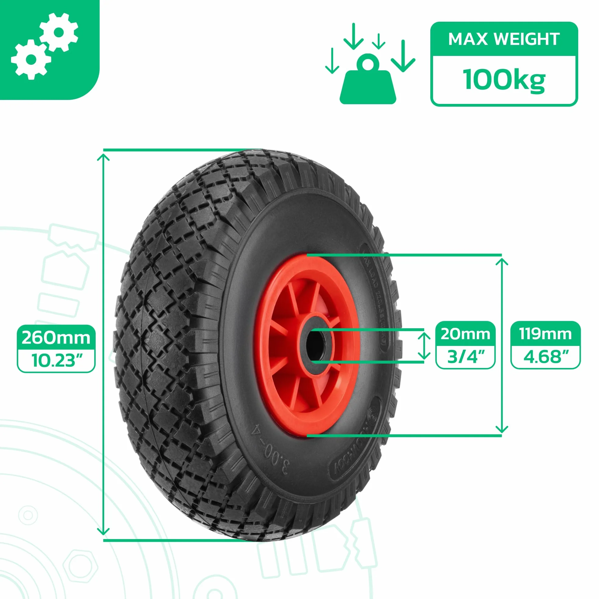 MOOVMOOV 2 x odporne na przebicie koła 3,00-4 (260 x 85 mm) - otwór 20 mm - do taczki, wózka i innych. Pełna opona z felgami PVC - w zestawie pierścienie mocujące z kluczem Allen + zatyczki