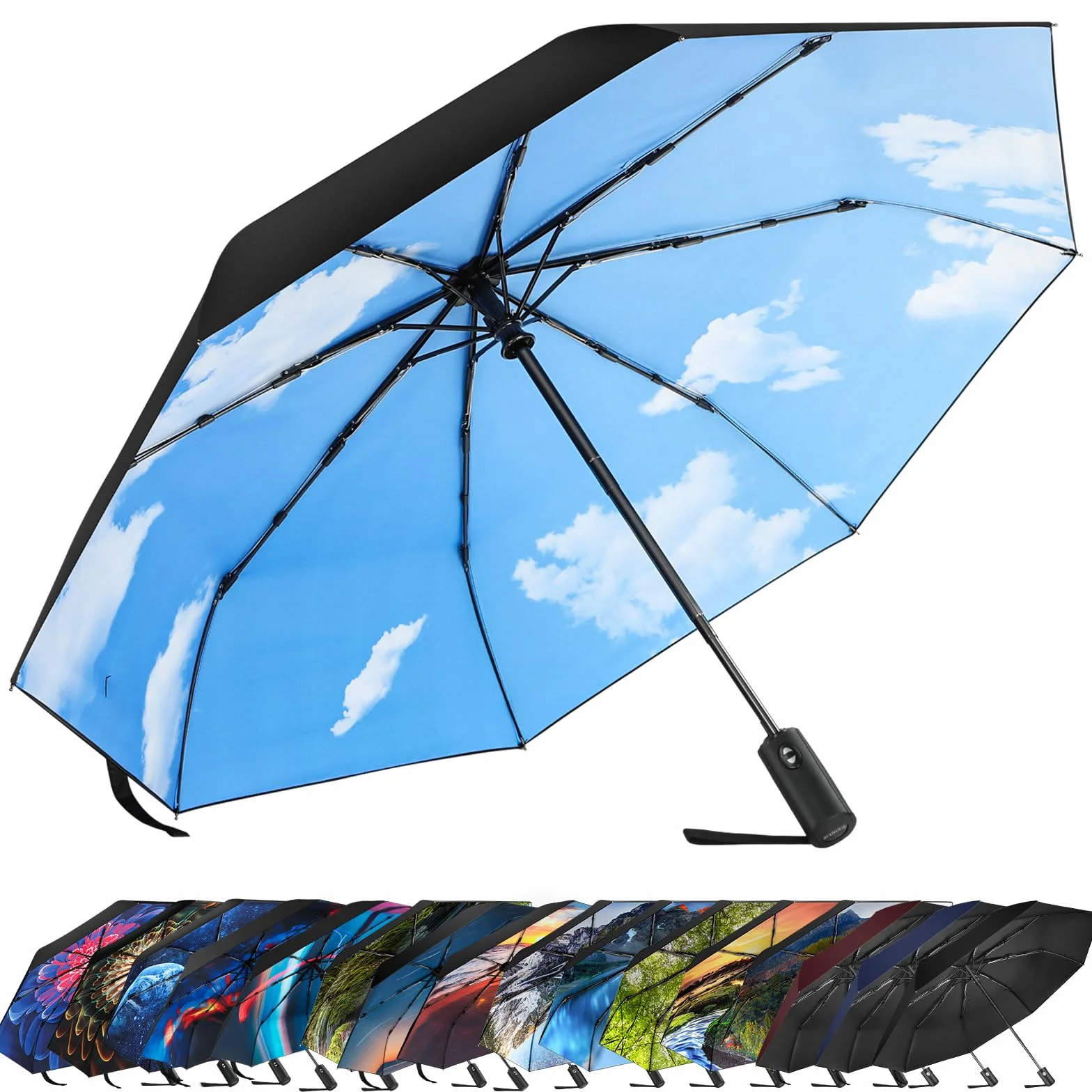 Parasol odporny na burzę, kompaktowy parasol kieszonkowy, automatyczne otwieranie i zamykanie, odpowiedni dla mężczyzn i kobiet, Niebieskie niebo i białe chmury., ma?y