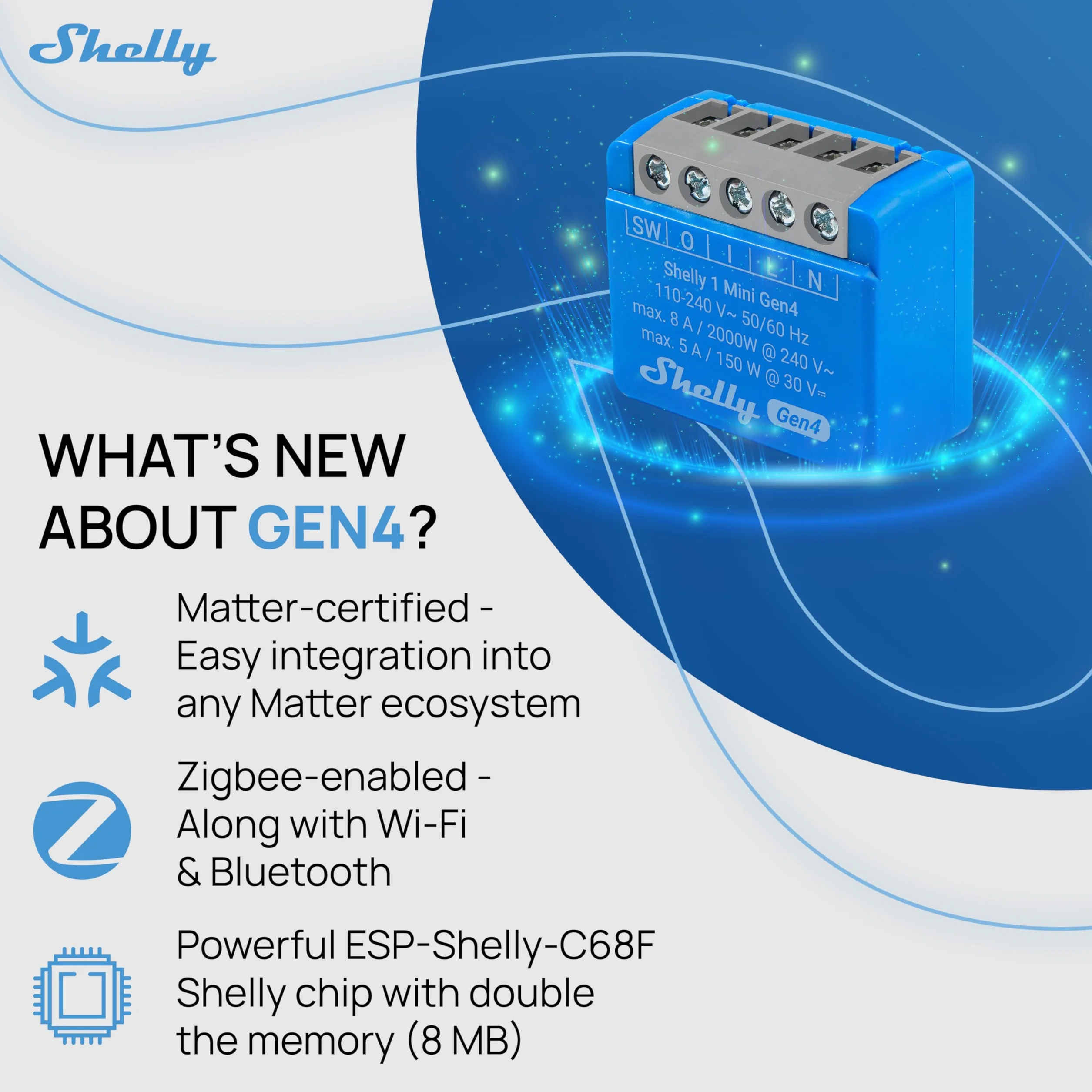 Shelly 1 mini Gen4, inteligentny przekaźnik Wi-Fi, 1 kanał, 8 A, kontakt bez potencjałów, automatyka domowa, zdalne sterowanie, nie wymaga koncentratora, Alexa, Google Home, Apple HomeKit, Zigbee