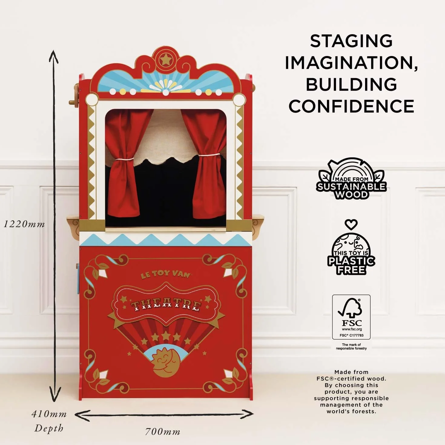 Le Toy Van - Wooden Educational Puppet Theatre, Kids Role Play Toy - Suitable For 3 Years +, Multicolor, 69.85 x 40.89 x 121.92 cm