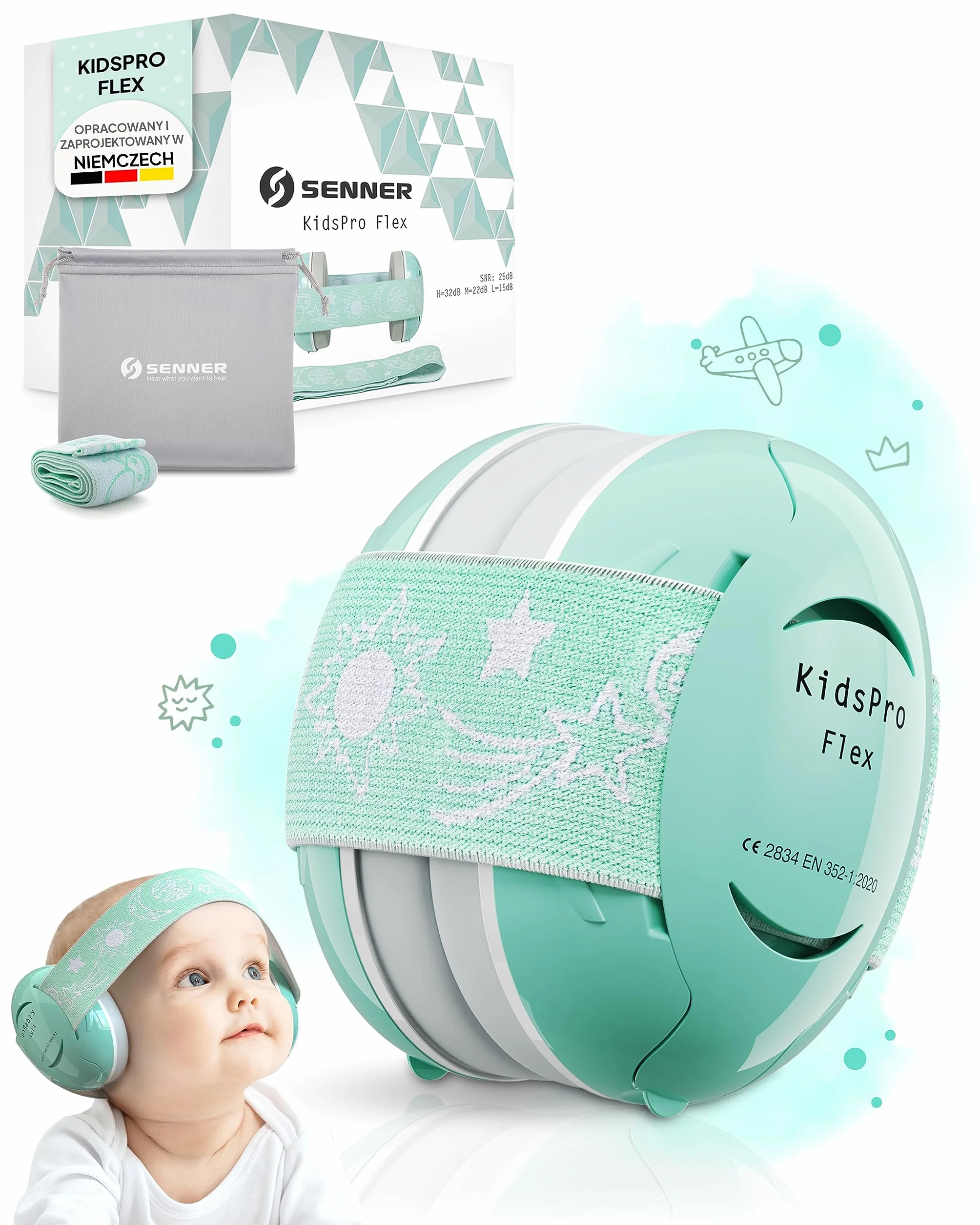 Senner ® KidsPro Flex | Ochronniki słuchu - Ochrona słuchu dla niemowląt - Elastyczne nauszniki z SNR 25 dB. Idealne na co dzień, imprezy, wydarzenia, sport i muzykę - Turkusowe