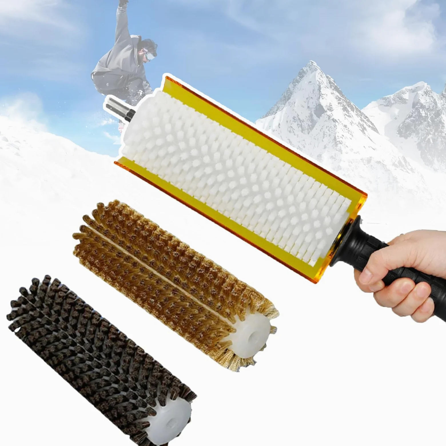 Roto Brush zestaw szczotek do nart, narzędzie do woskowania desek snowboardowych, 3 profesjonalne szczotki (mosiądz, włosie końskie, nylon) z ochroną wału, do usuwania depilacji i czyszczenia podeszwy