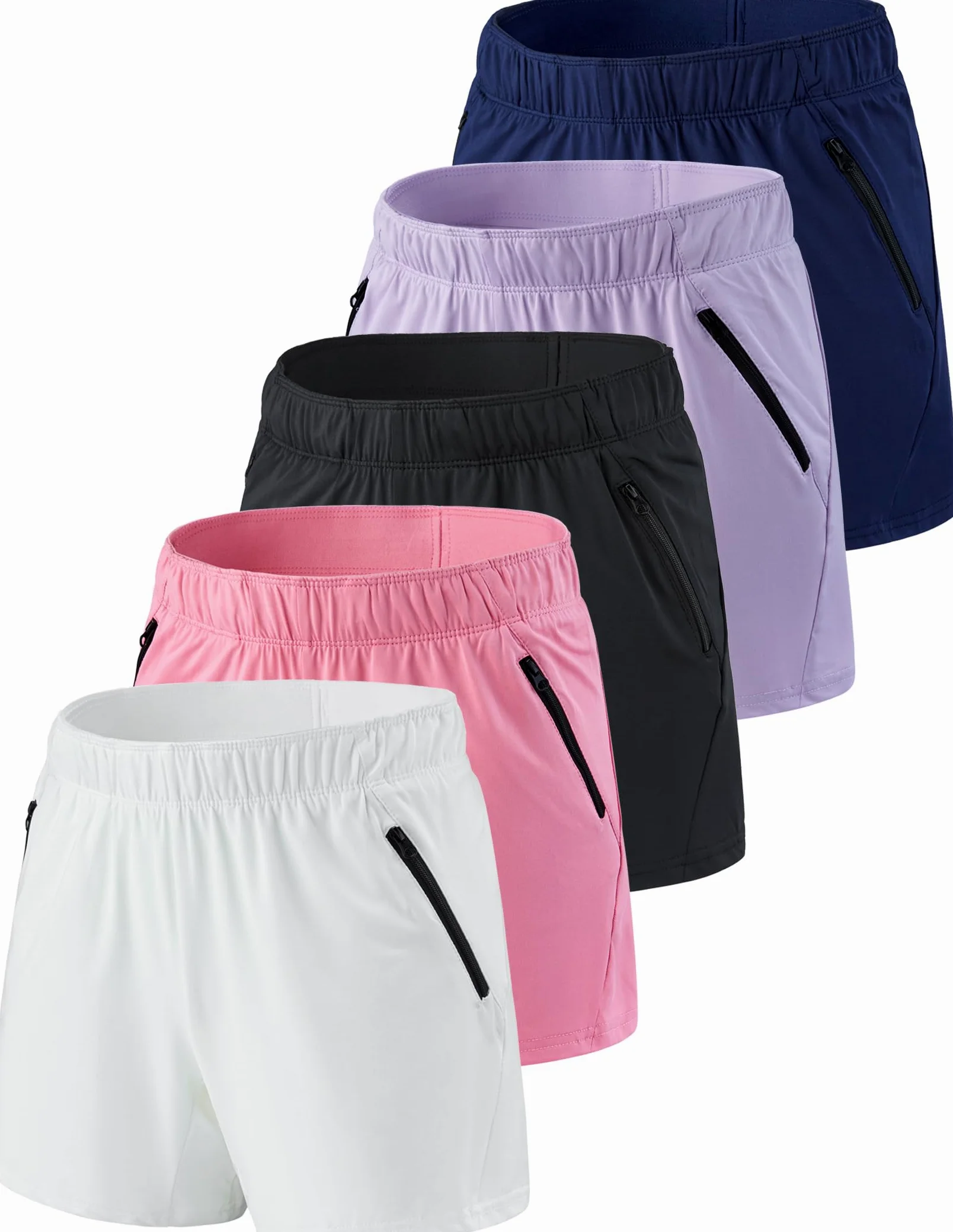 Liberty Imports 1 lub 5 sztuk damskich szortów treningowych z kieszeniami na zamek błyskawiczny, wewnętrzne nogawki 12,5 cm, lekkie sportowe spodenki na co dzień, L