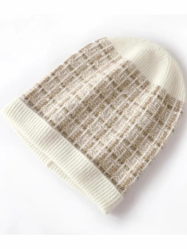 Kaszmirowa czapka zimowa damska ciepła czapka outdoorowa czapka beanie dzianinowa krata w paski kaszmirowa czapka zabezpieczająca