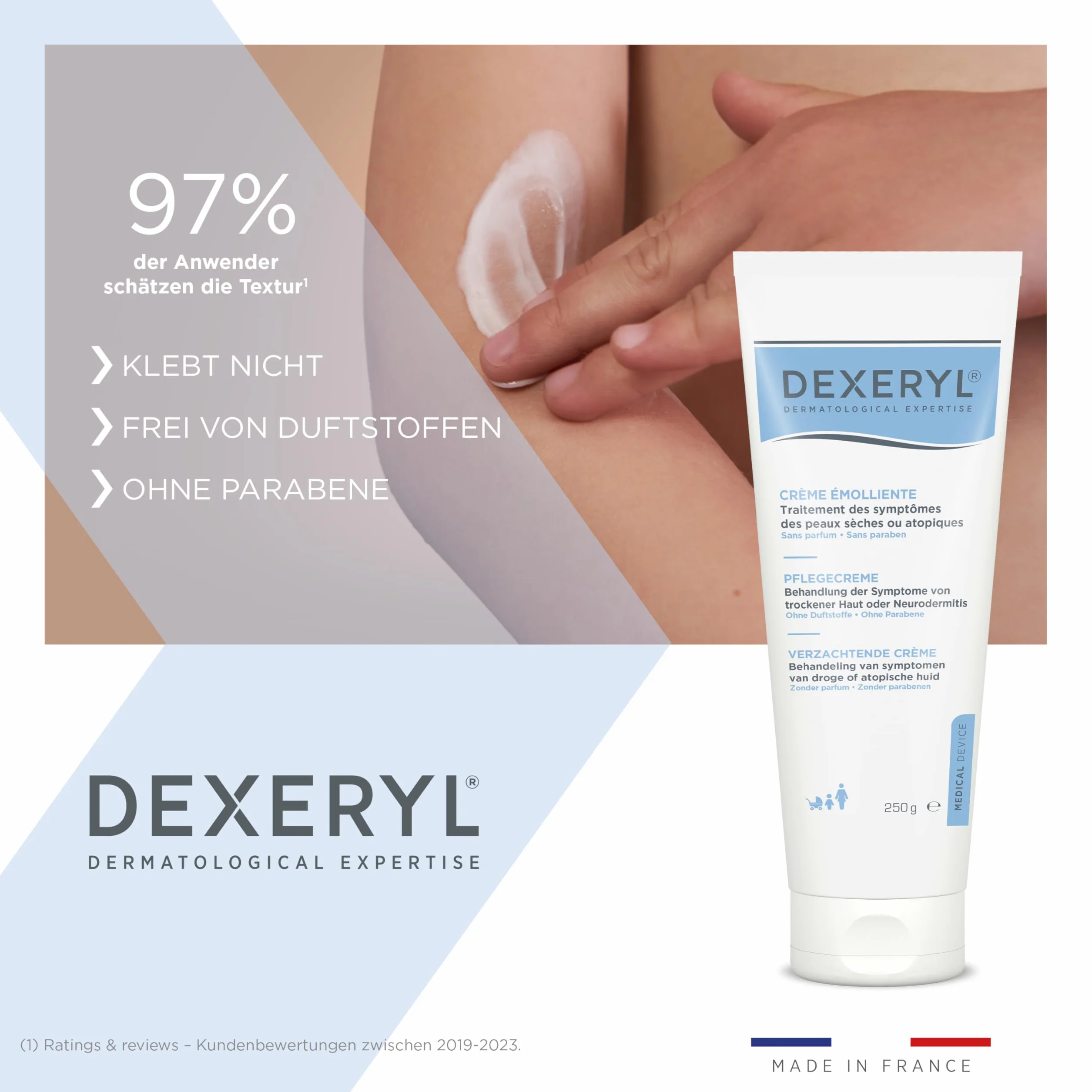 Dexeryl Krem 250 g: pielęgnacja i ochrona suchej skóry, w szczególności w przypadku różnych chorób skóry, takich jak atopowe zapalenie skóry. Nie zawiera perfum i parabenów
