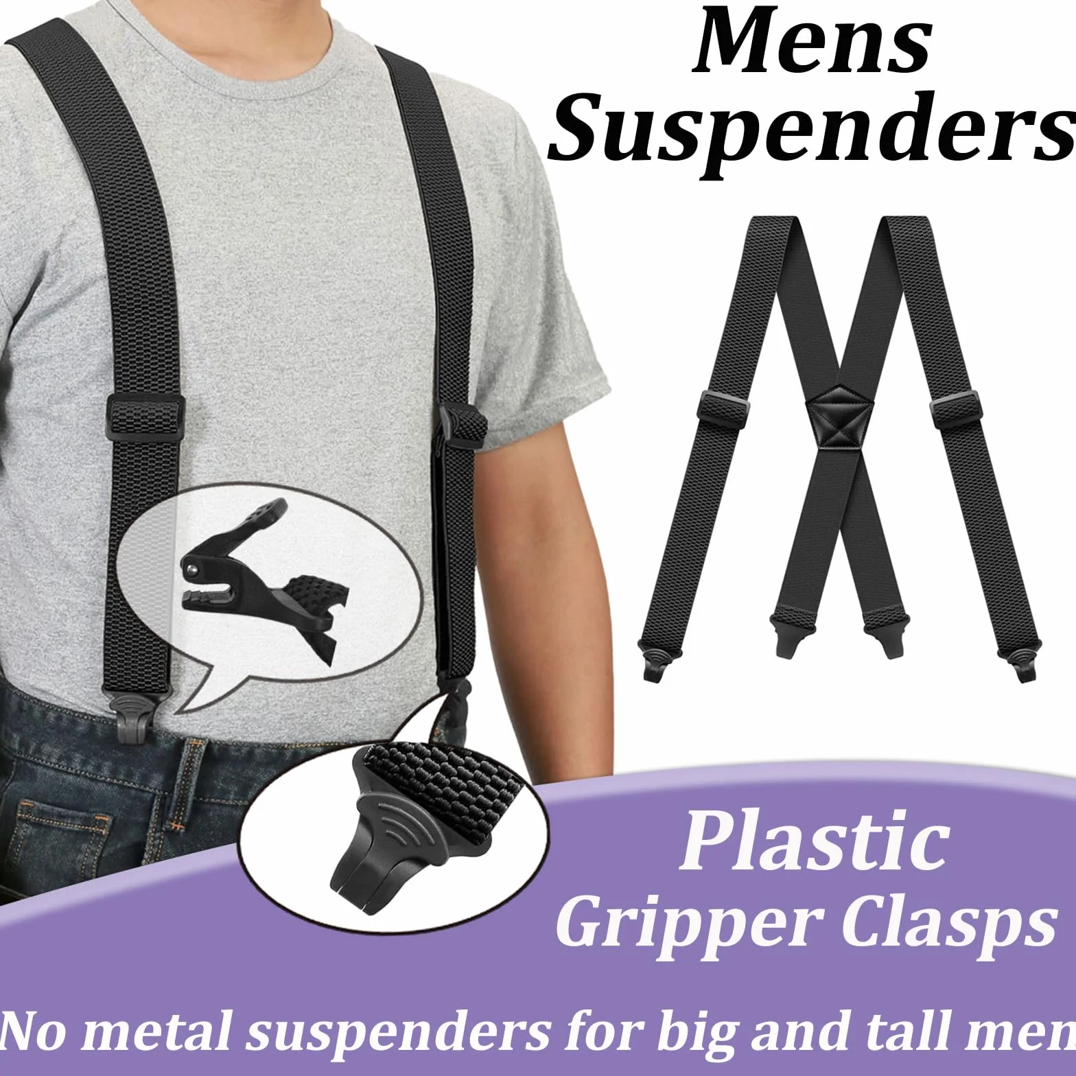 Suspenders for Men Heavy Duty 1,6 cala Wide Airport Friendly Hidden Suspenders with 4 Plastic Gripper Clasps Adjustable Elastic Braces for Casual Work X-Back czarne