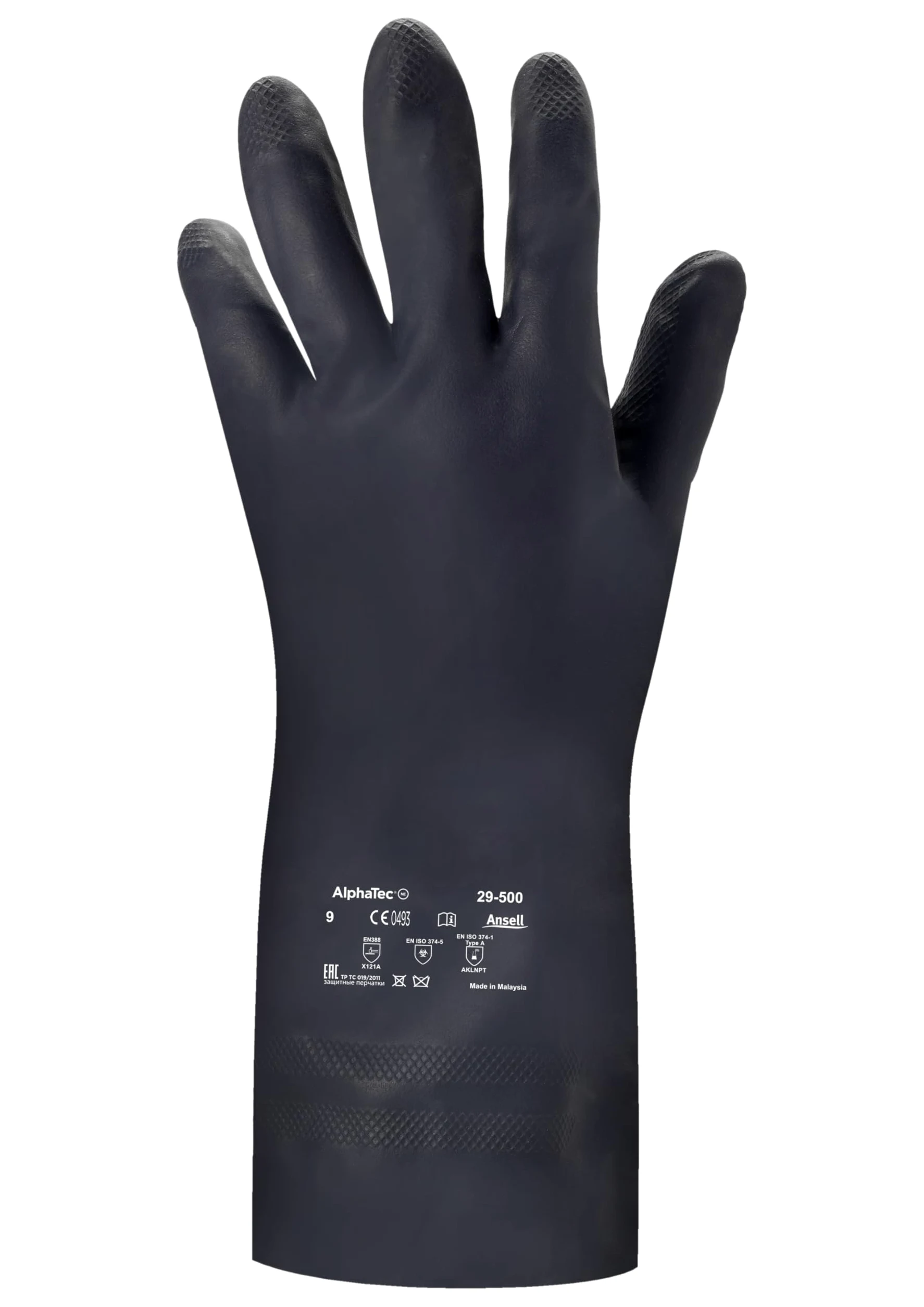 Ansell Alphatec 29-500 Rękawiczki Ochrona chemiczna w neoprenu, bardzo wysoka odporność chemikalia i niebezpieczne płyny, rękawiczka męska, czarna, rozmiar M (12 par)
