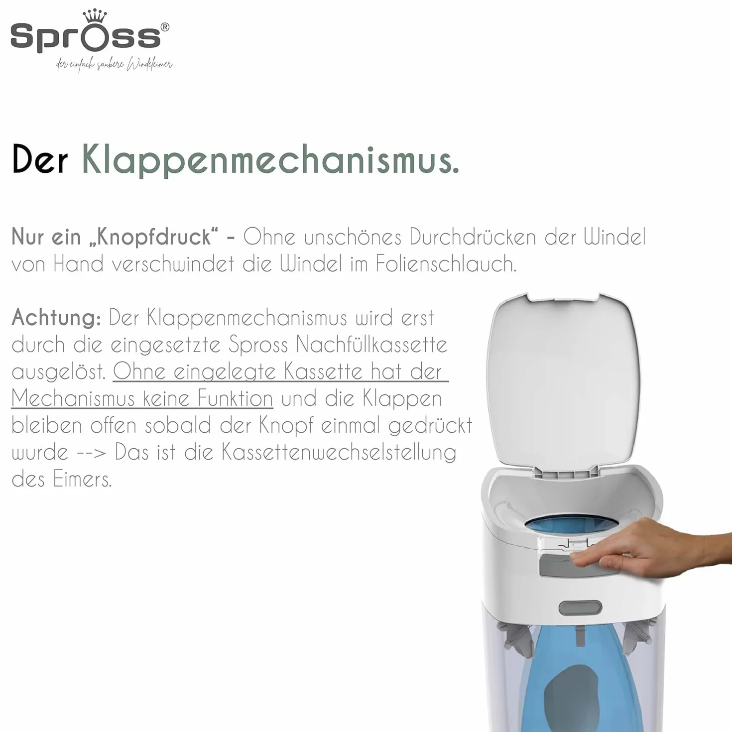 Spross Kosz na pieluchy dla niemowląt w zestawie z kasetą uzupełniającą – nieprzepuszczający zapachów system z obsługą jedną ręką – kosz na śmieci na pieluchy dla niemowląt, biało-szary