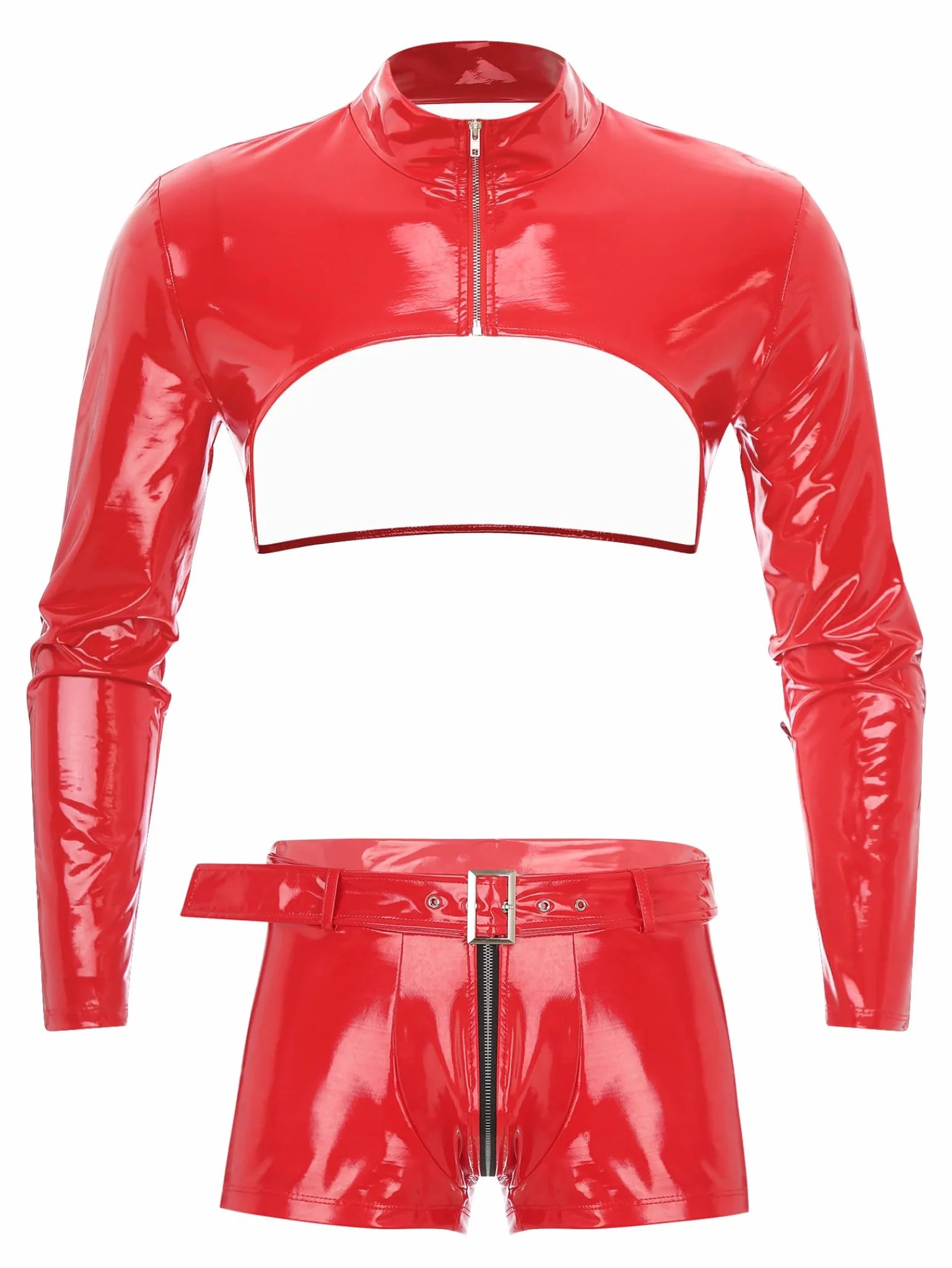 Męskie Wetlook Bielizna Erotyczna Bielizna Lakierowana Skóra Babydoll Crop Top odkrywające bokserki ze skóry PU, Czerwona, M