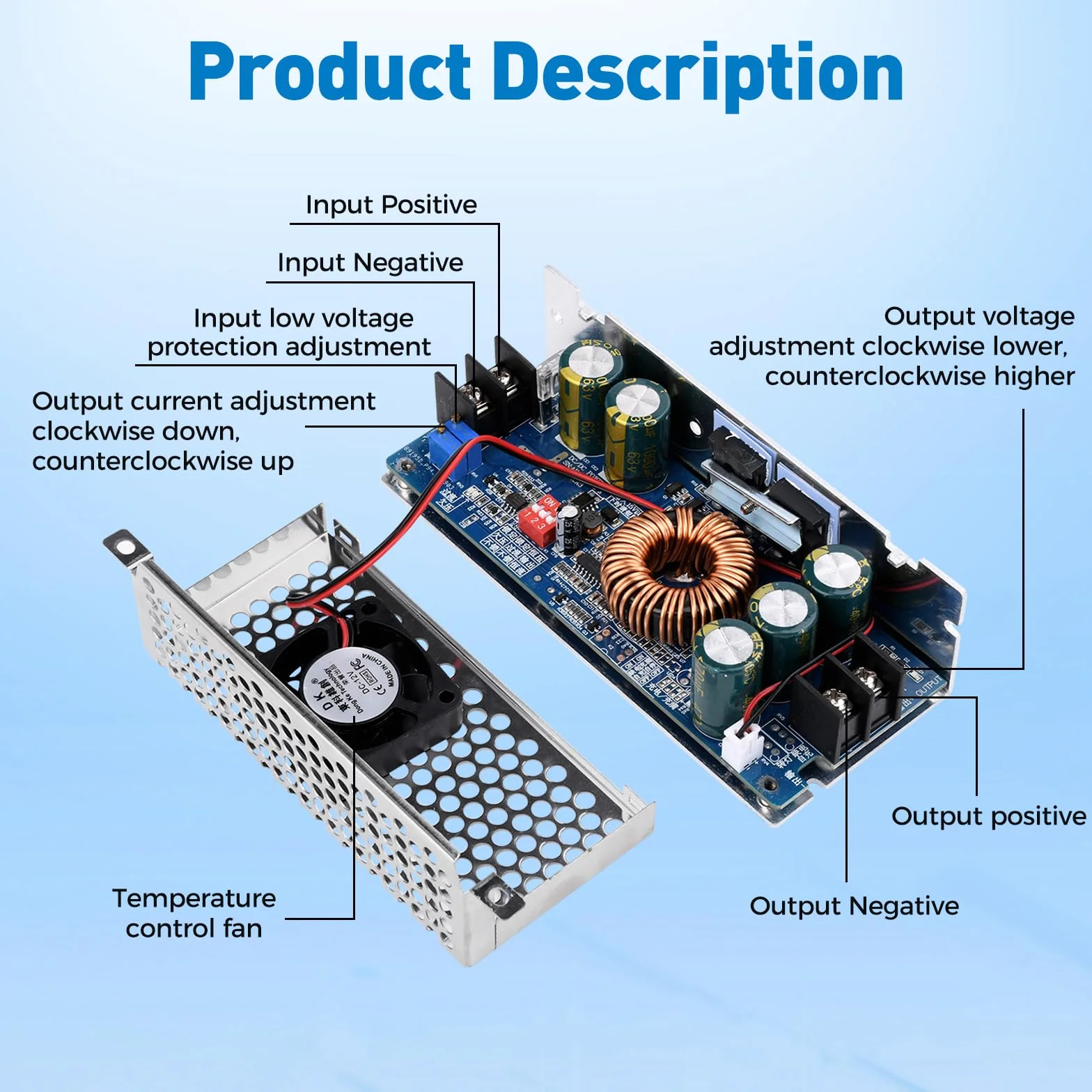 DC-DC regulowany Boost Converter 500 W, 20 A, stałe napięcie, moduł zasilający z ochroną przed odwrotną polaryzacją i regulacją temperatury.