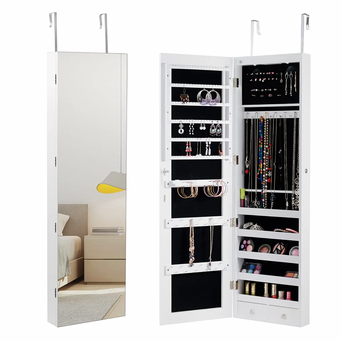 COSTWAY Szafka na biżuterię z oświetleniem LED, lustro, zamykana na klucz, 120 cm, biała