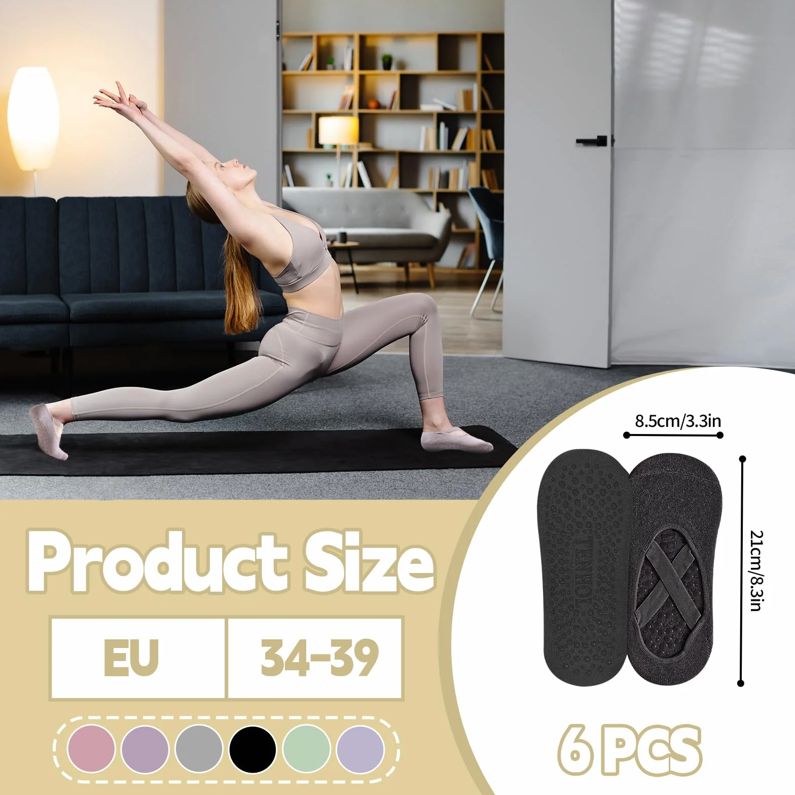 6 par skarpet antypoślizgowych do jogi, oddychające skarpety do jogi i pilatesu dla kobiet EU 34-40 z wygodnymi krzyżowymi paskami – idealne do jogi, pilatesu, baletu, tańca i fitnessu jako