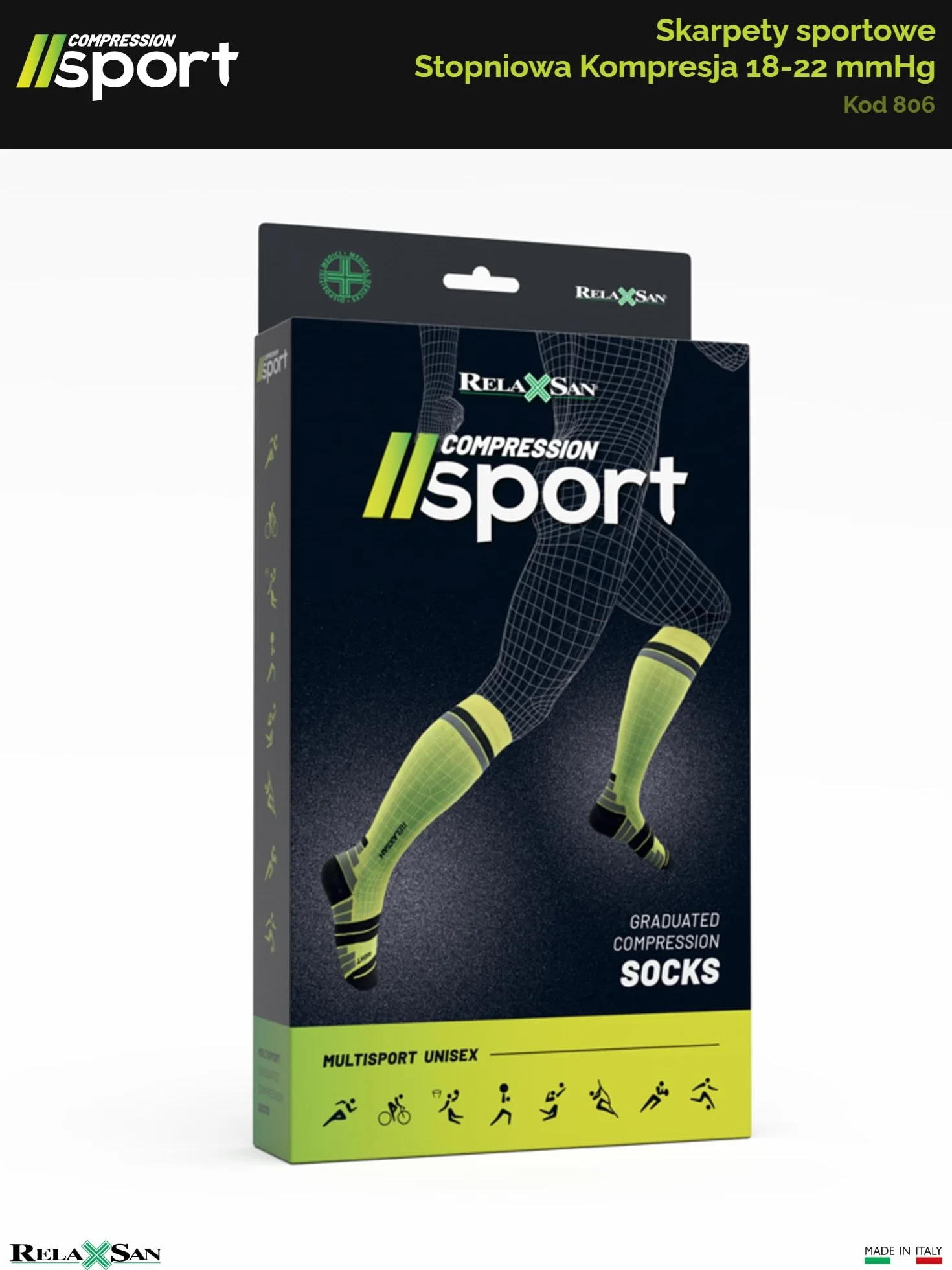 Relaxsan Skarpety Kompresyjne Sportowe dla Mężczyzn i Kobiet, 18-22 mmHg, Oddychające, Made in Italy, 806