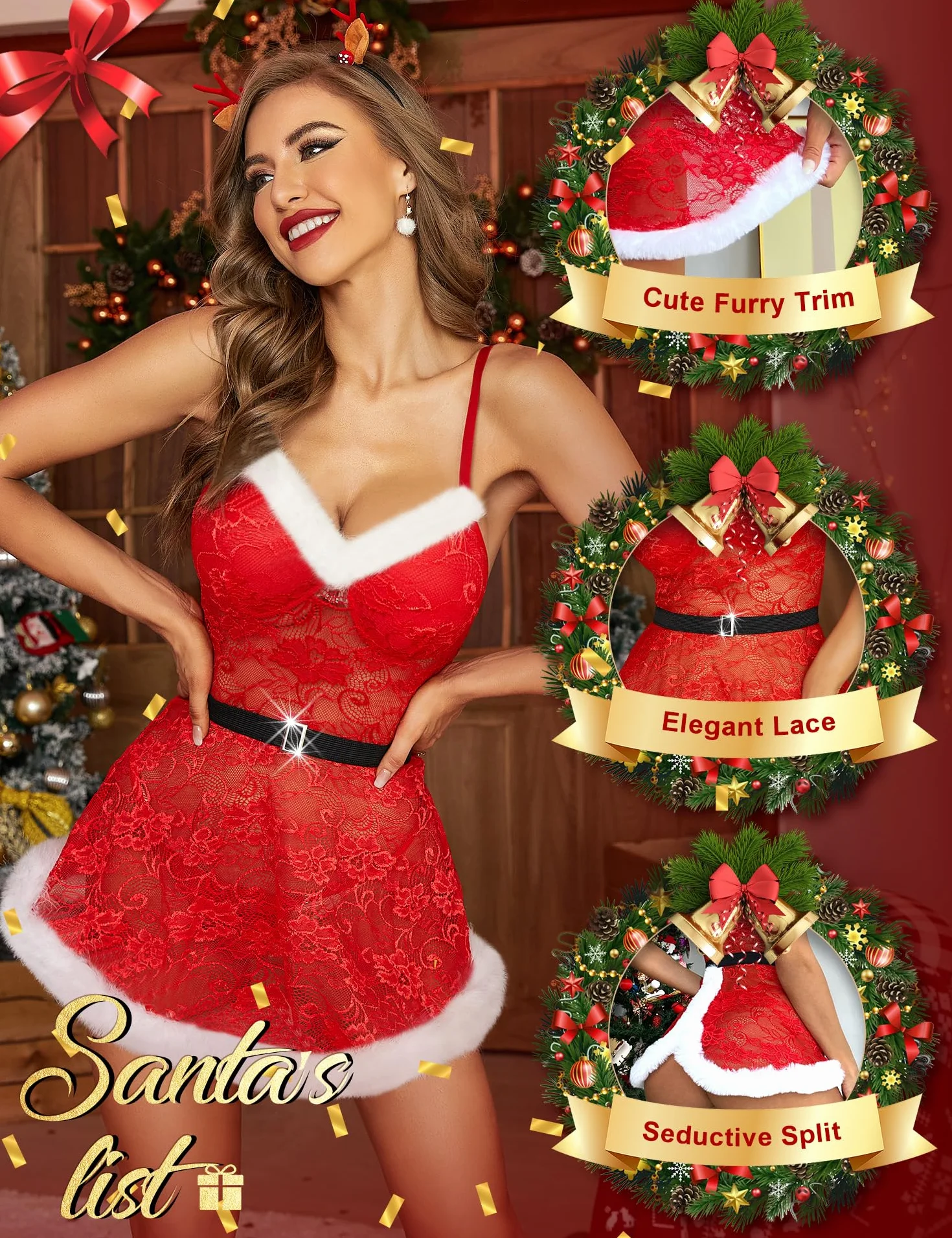 RSLOVE Sukienka bożonarodzeniowa dla kobiet, koronkowa Babydoll Sexy Santa Chemise sukienka miś, Czerwony, M