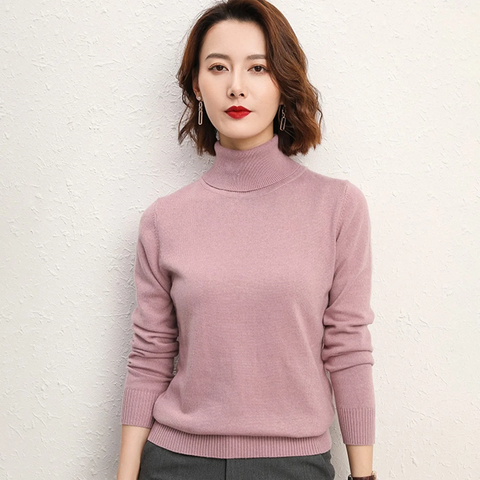 Swetry damskie Women's high collar cashmere sweater, knitted soft and warm, autumn and winter(Pink,XX-Large)