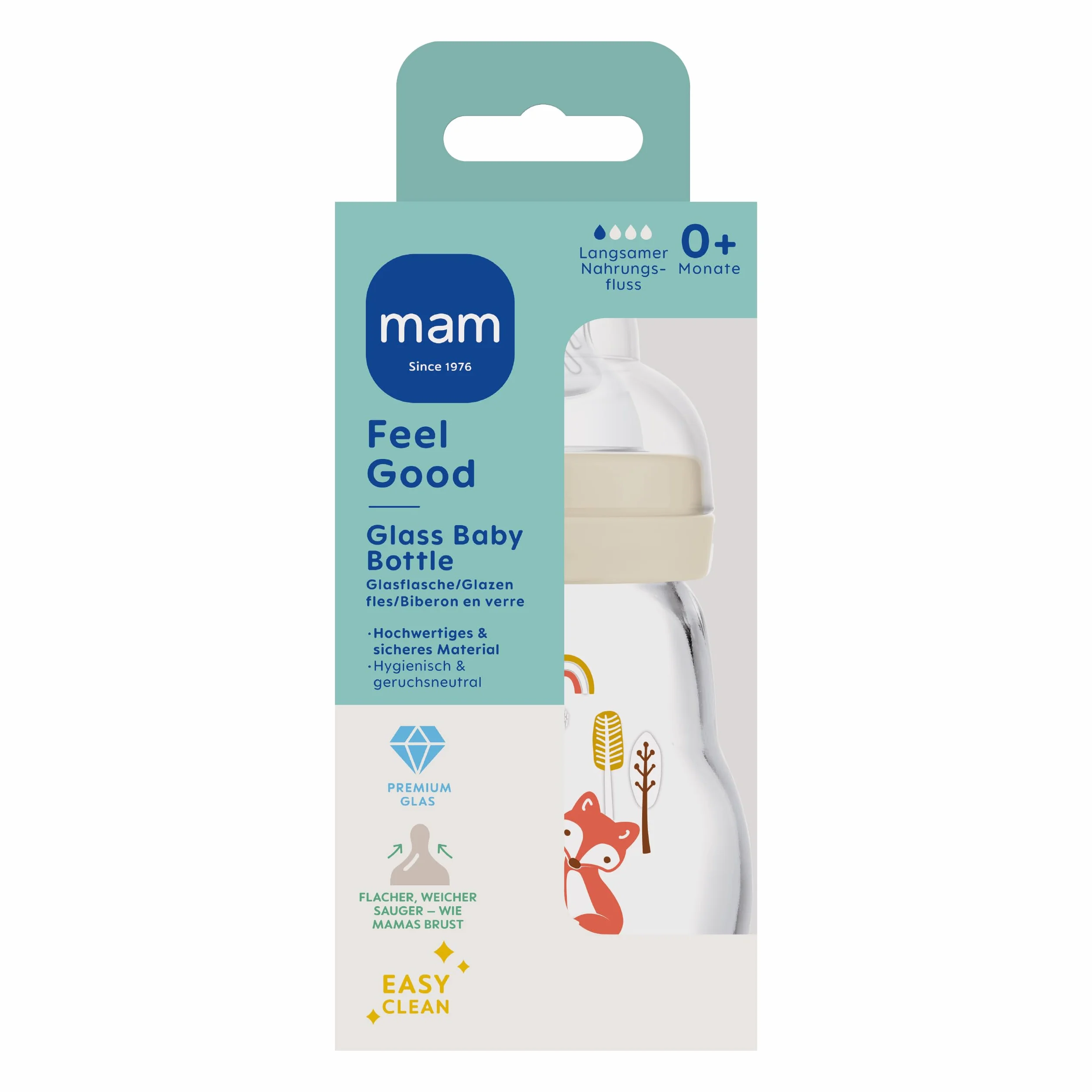 MAM Feel Good butelka dla niemowląt ze szkła (170 ml), butelka na mleko z szerokim otworem, stabilna butelka do picia dla niemowląt z przyssawką rozm. 1, od urodzenia, zając/lis
