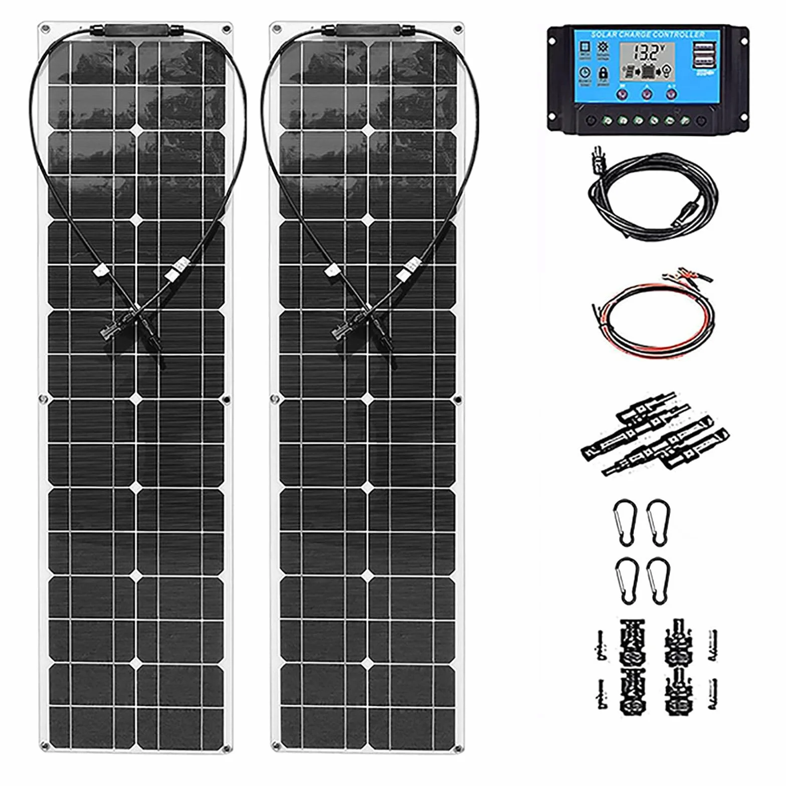 Elastyczne panele słoneczne 400 W, 2 szt. 200 W zestaw paneli słonecznych z regulatorem ładowania 40 A, monokrystaliczny, 12-24 V, do ładowania akumulatora, kampera, kampera, dachu, łodzi, kabiny,