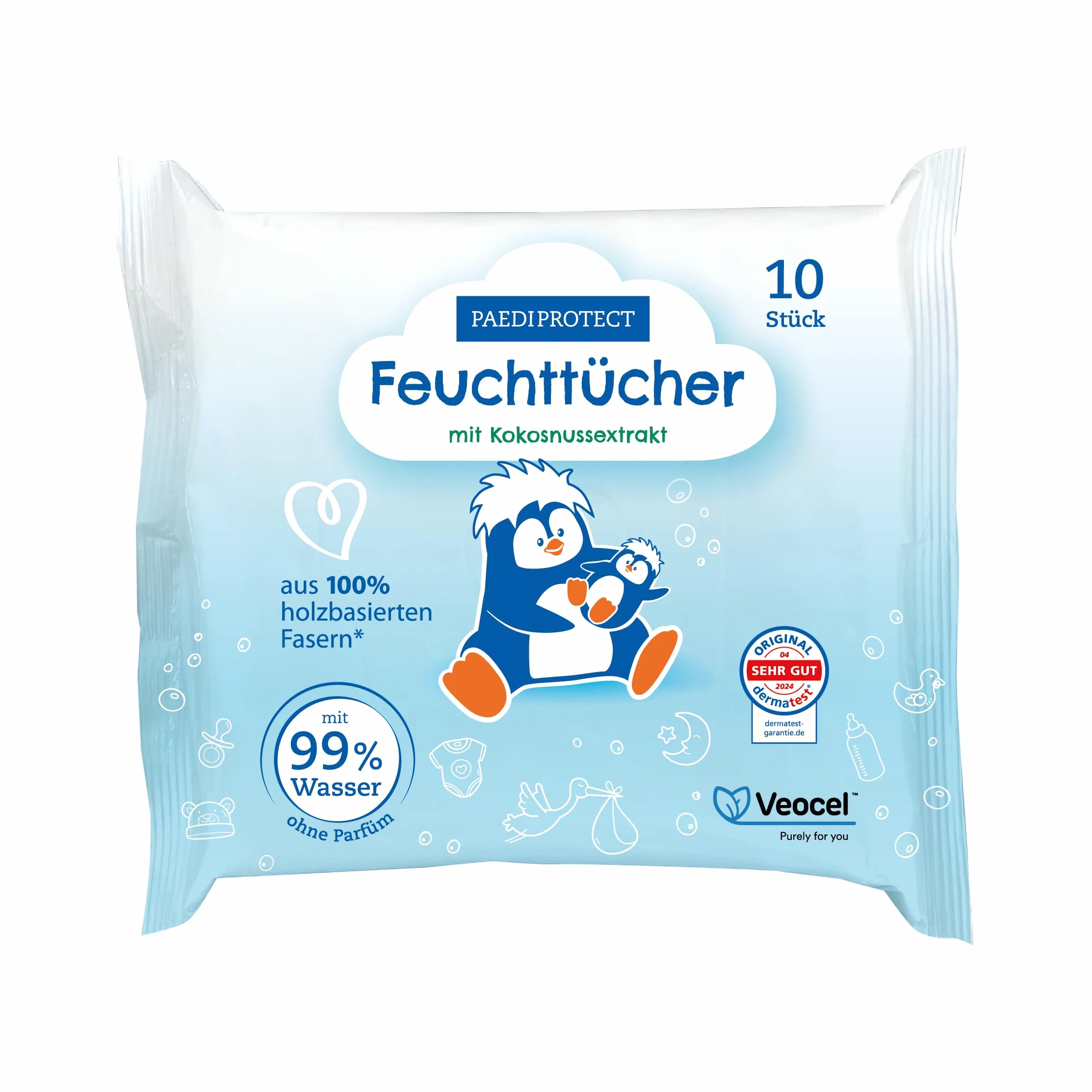PAEDIPROTECT Chusteczki nawilżane 1 x 10 sztuk, delikatne chusteczki do wody dla niemowląt z 99% wody bez substancji zapachowych, do delikatnej skóry niemowląt i dzieci, z ekstraktem z kokosa, bez