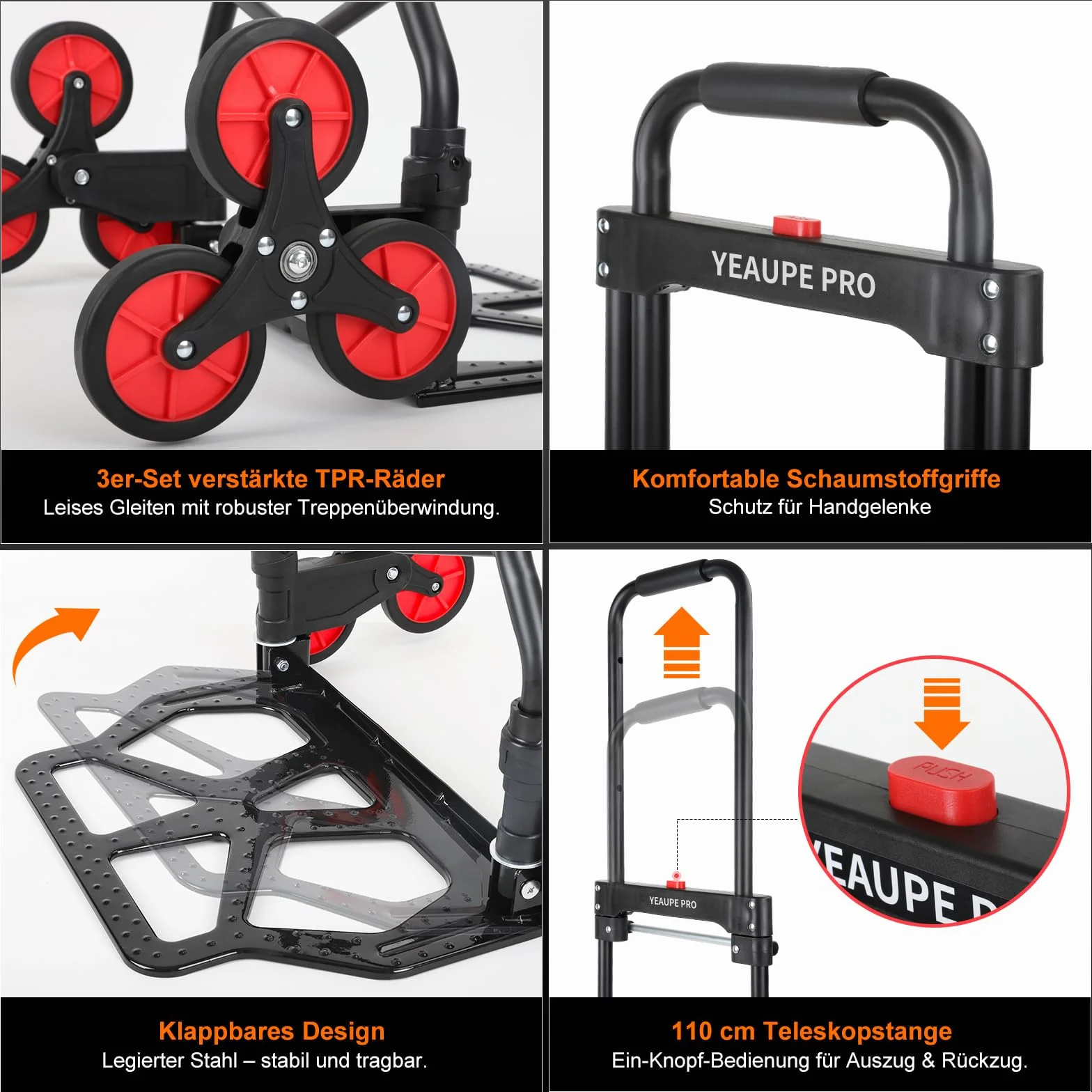 YEAUPE PRO Wózek transportowy, udźwig 80-100 kg, składany wózek transportowy, regulacja wysokości i wchodzenie po schodach do przeprowadzki i ciężkich przedmiotów, wózek schodowy z 2 linami