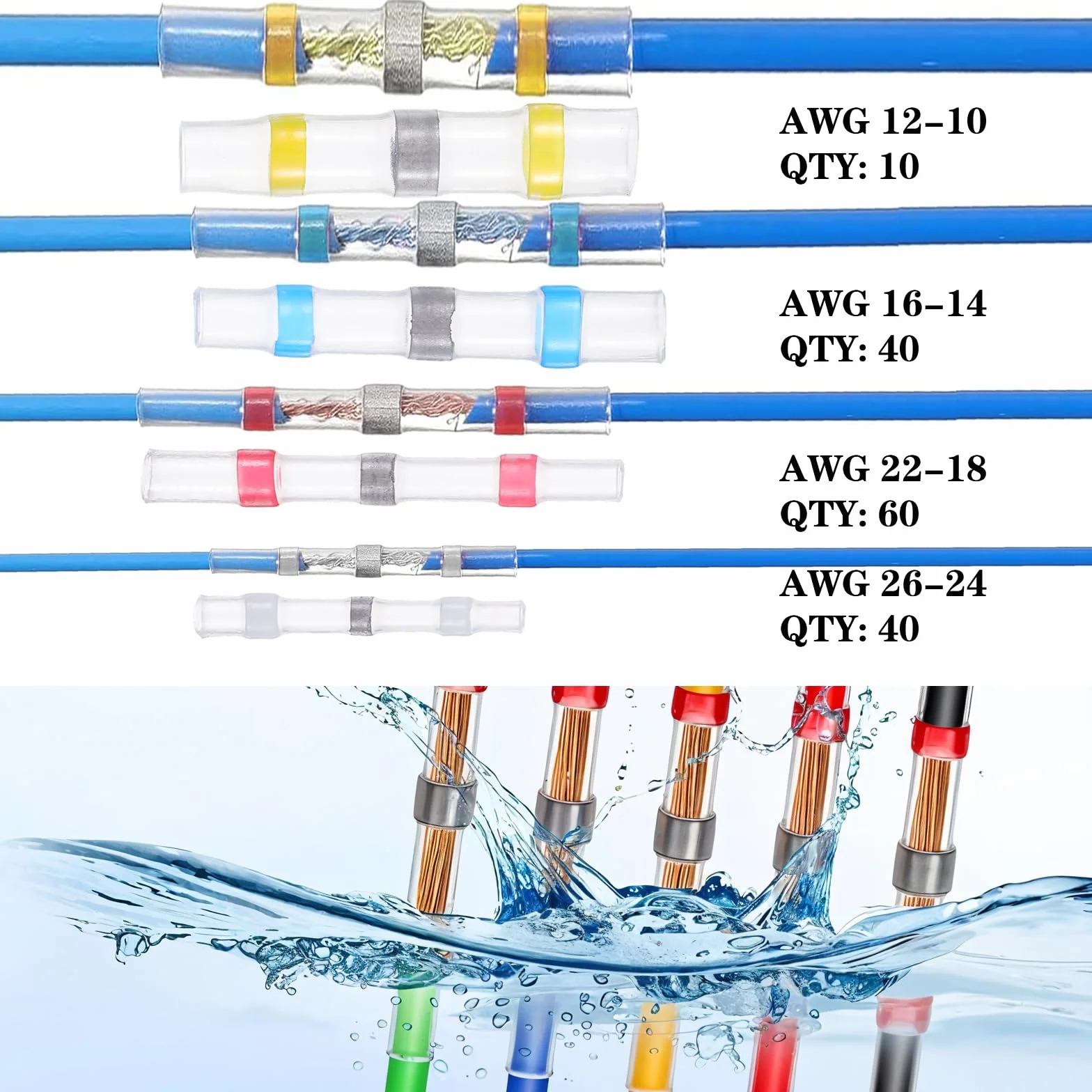 150 sztuk wodoodpornych izolowanych złączek kablowych, zestaw złączek lutowniczych termokurczliwych w 4 rozmiarach 26-10AWG, złączka lutownicza z rurką termokurczliwą, złączka udarowa