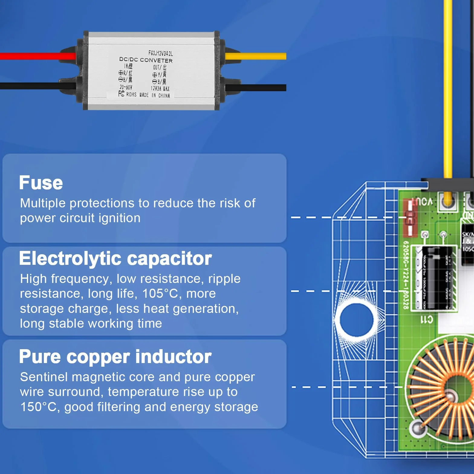 Jadeshay Regulator napięcia 12V, konwerter DC-DC 24/36/48V do 12V 3A, IP68, Szary