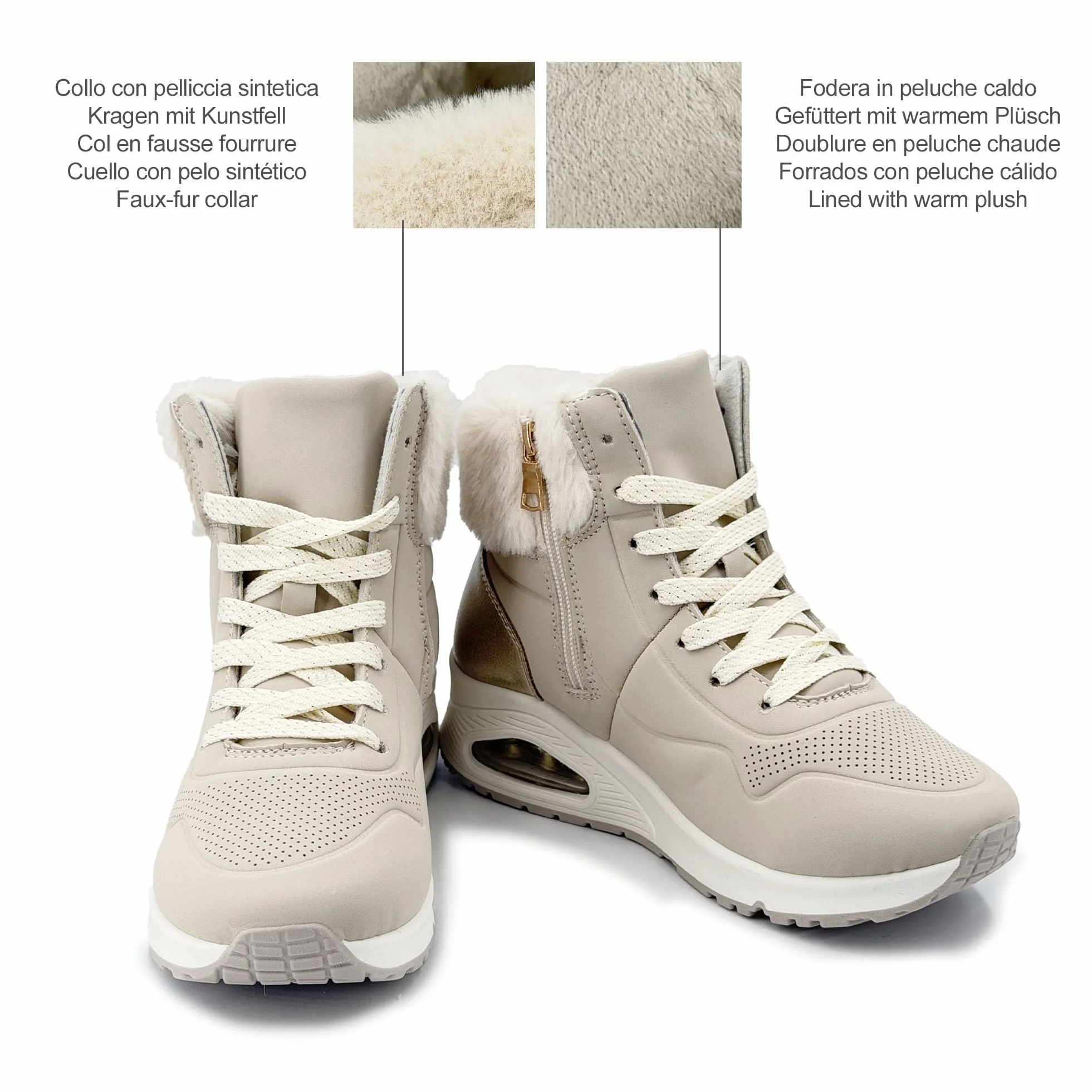 JOMIX Damskie zimowe botki z ciepłą podszewką, buty sneaker z futrzanym kołnierzem, koturn, antypoślizgowa podeszwa