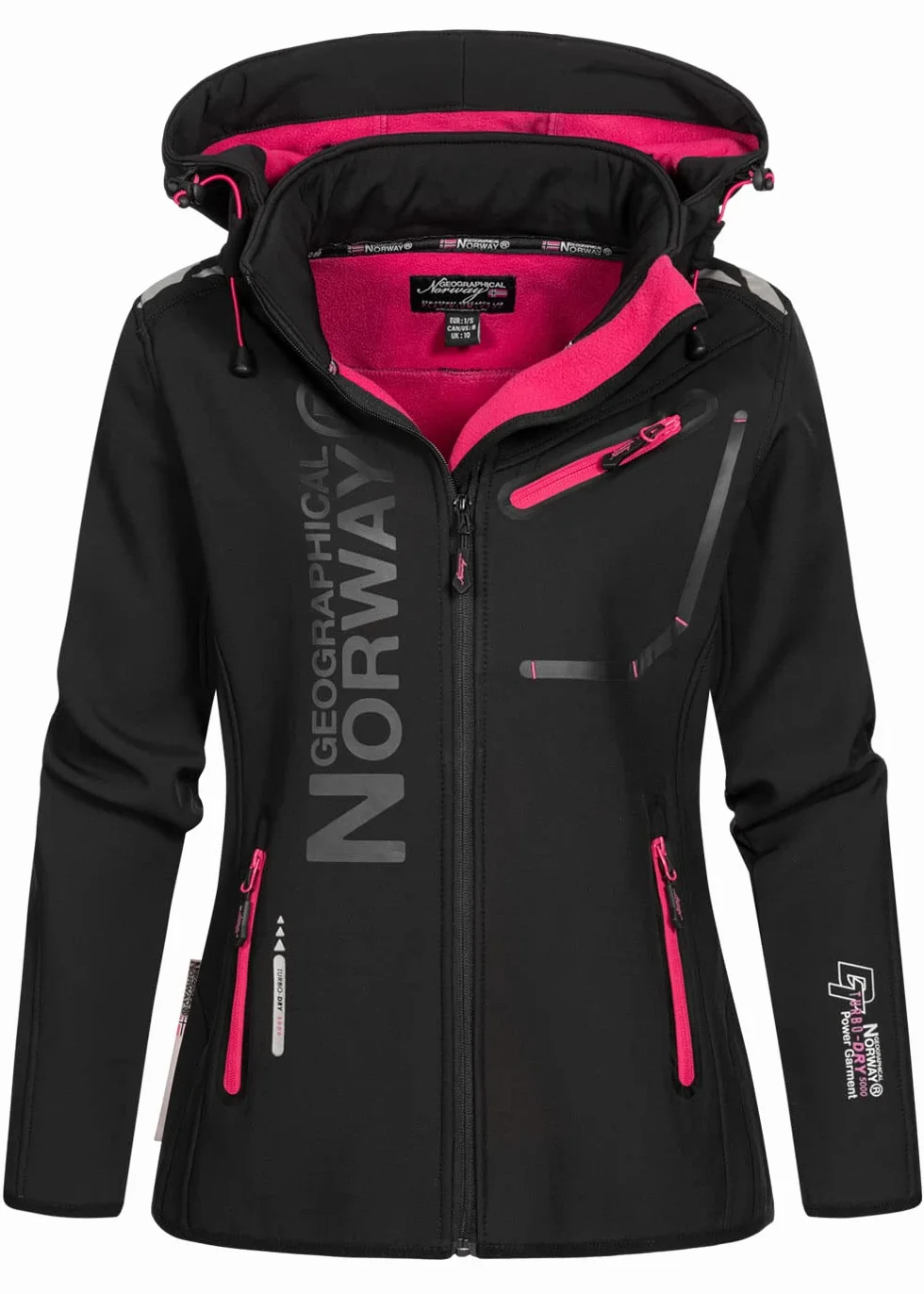 Geographical Norway Reine damska wodoodporna kurtka softshell z kapturem, wiatroszczelna, outdoorowa, czarny/różowy, M