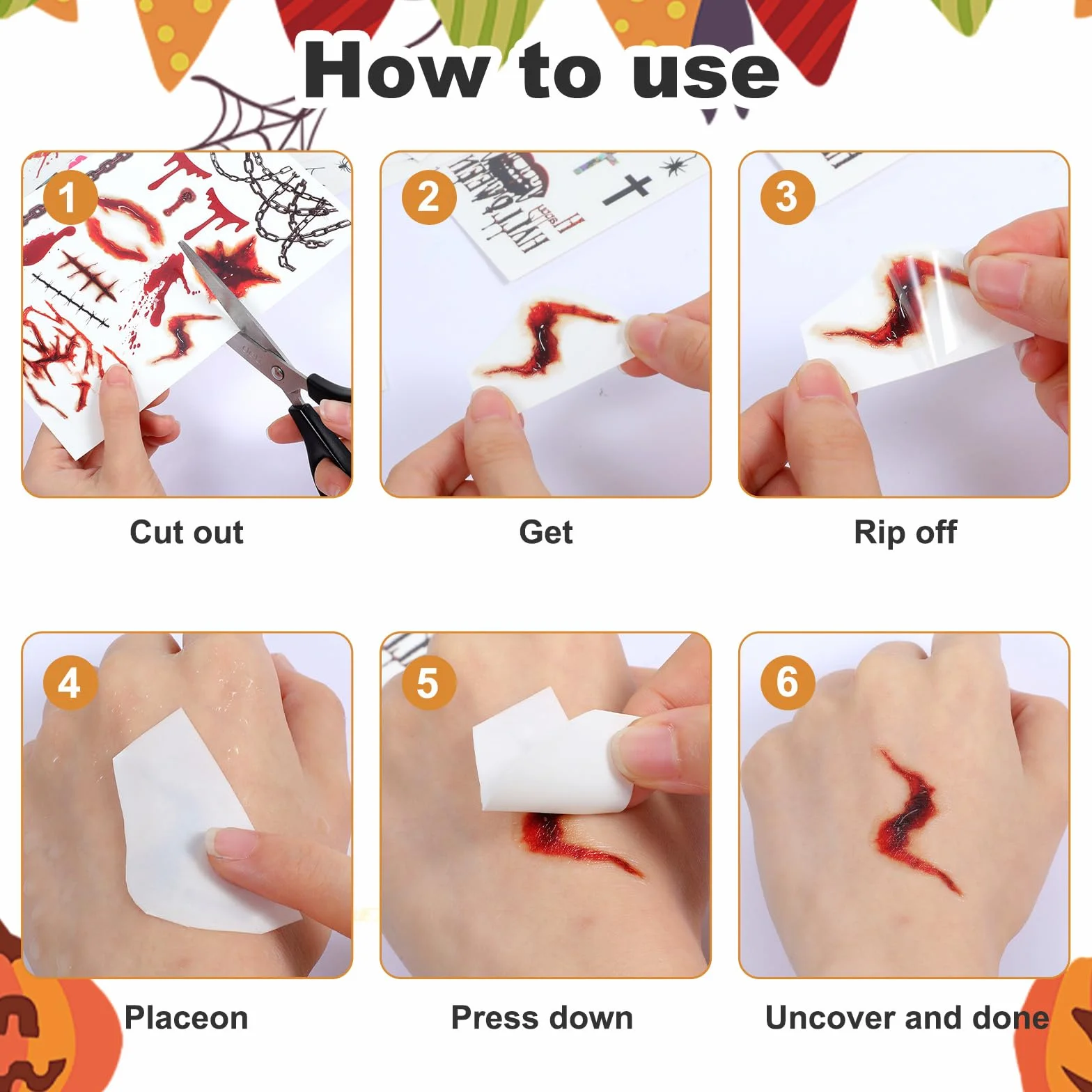 10 arkuszy tatuaży na Halloween, tymczasowe, realistyczne rany, wodoodporne, Halloween, Cosplay, straszna dekoracja makijażu