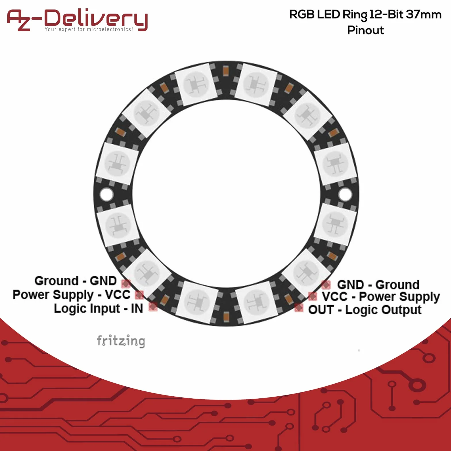 AZDelivery 5V RGB LED Ring Compatible with WS2812B 12-Bit 37mm kompatybilny z Arduino w tym E-Book!