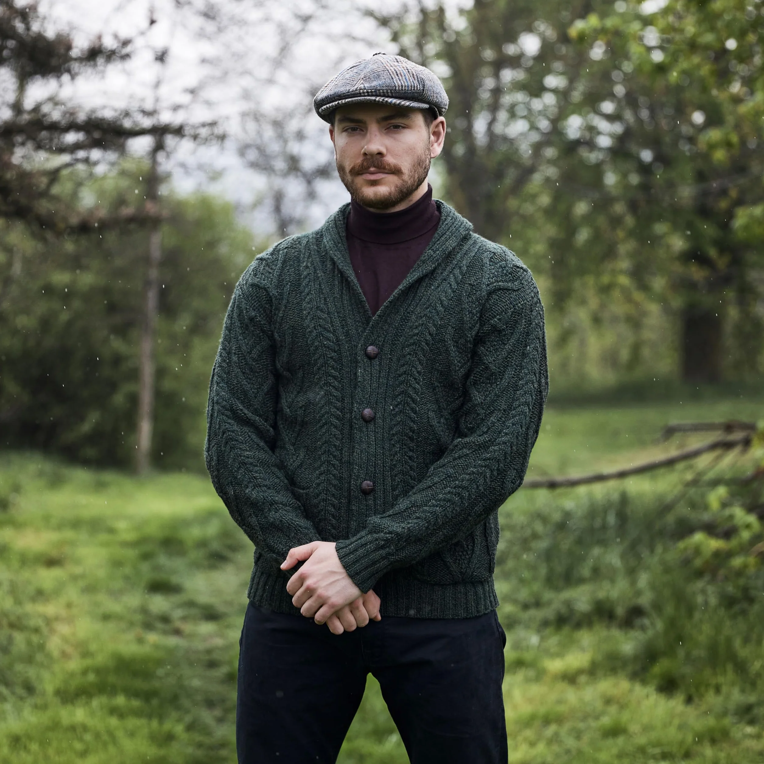 SAOL 100% wełna merino męski Aran Cable Knit szal kołnierz casual irlandzki kardigan z guzikami i kieszeniami
