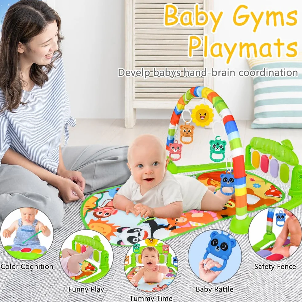 AOMIG Piano-Gym mata do zabawy, edukacyjna mata dla niemowląt do raczkowania z muzyką i światłami, mata do zabawy z łukiem, wyjmowana zabawka dla dziecka, dla niemowląt Noworodki - zielony