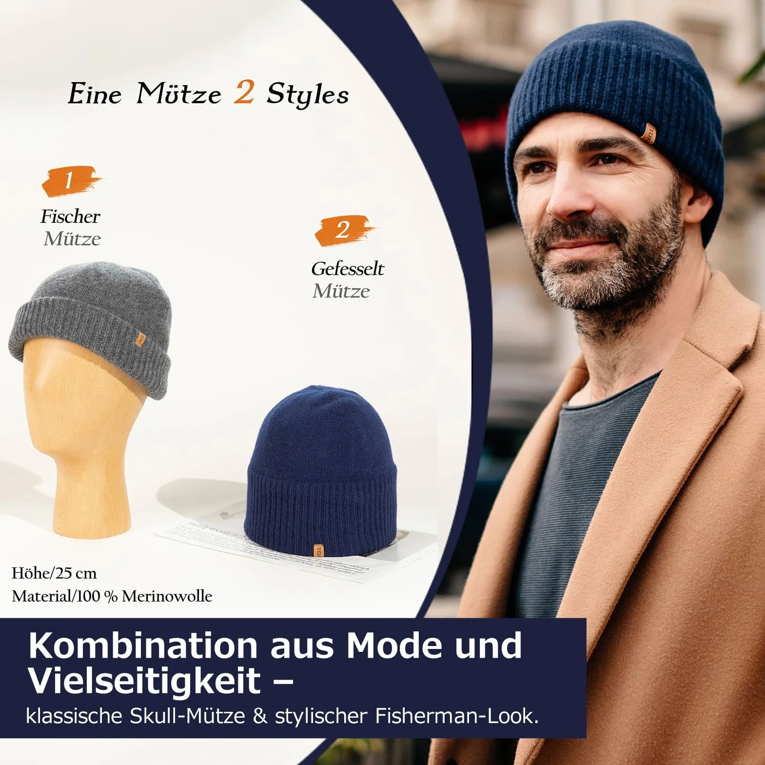 TOP-EX XL/XXL 100% wełna merynosów, czapka beanie, zimowa czapka wełniana, męska i damska, czapka z dzianiny, czapka rybaka beanie, czapka Trawler, ciepła polarowa podszewka
