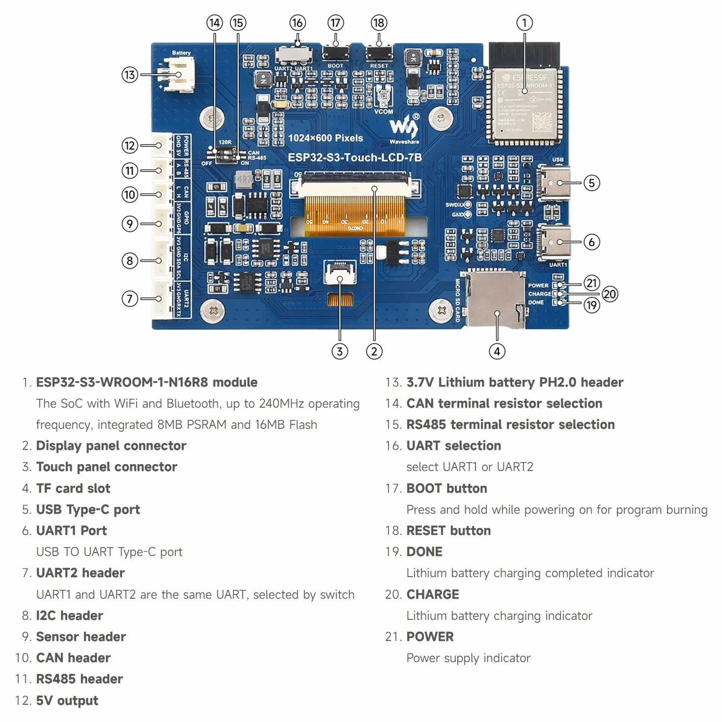 Waveshare ESP32-S3 Display 7inch LCD Development Board, 1024x600 Resolution, 32-bit LX7 Dual-Core Processor 240MHz, Wi-Fi & BT Support, Onboard Antenna, with Touch