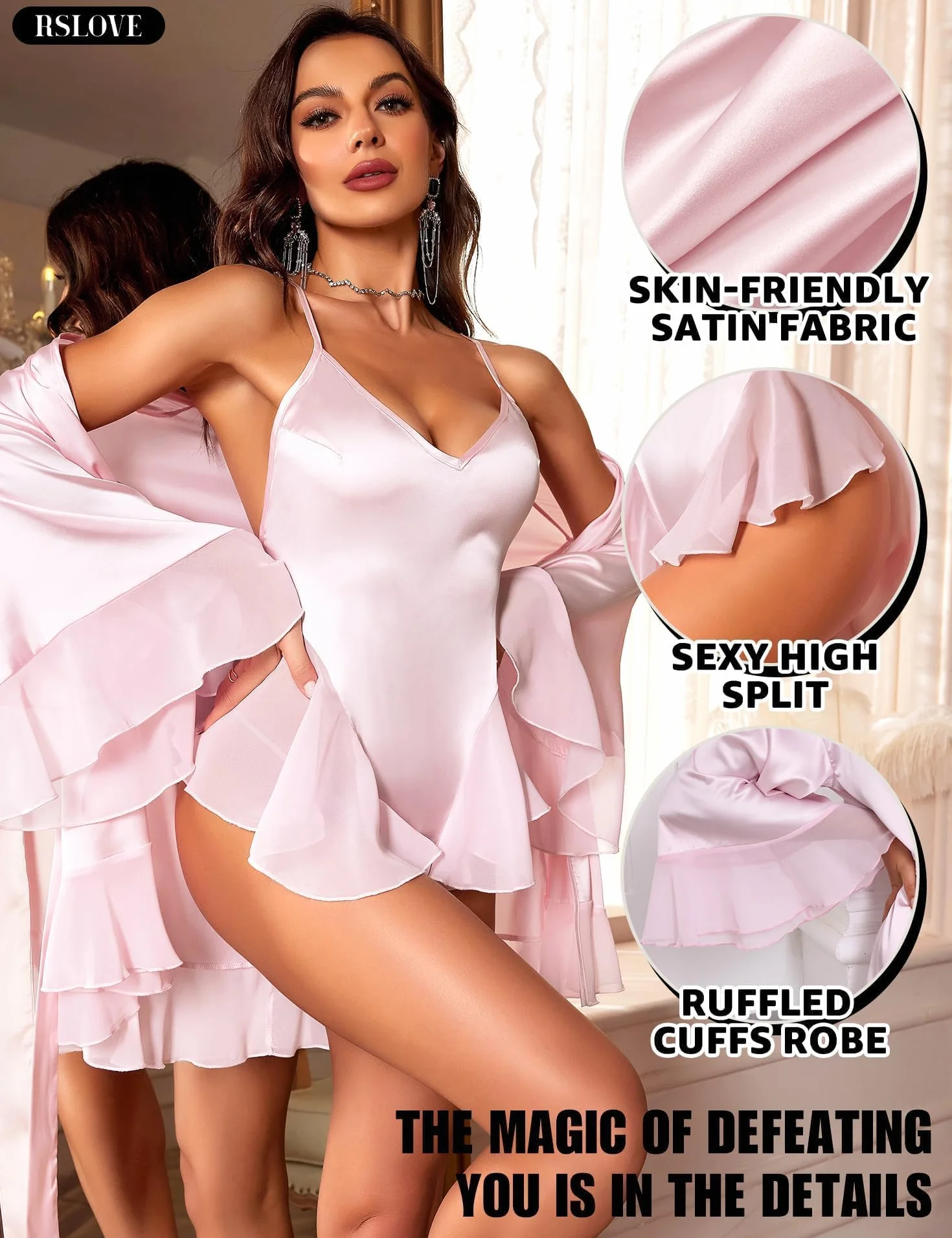 RSLOVE Seksowna bielizna damska - Szlafrok kimono satyna nocna nocna szlafrok do sypialni