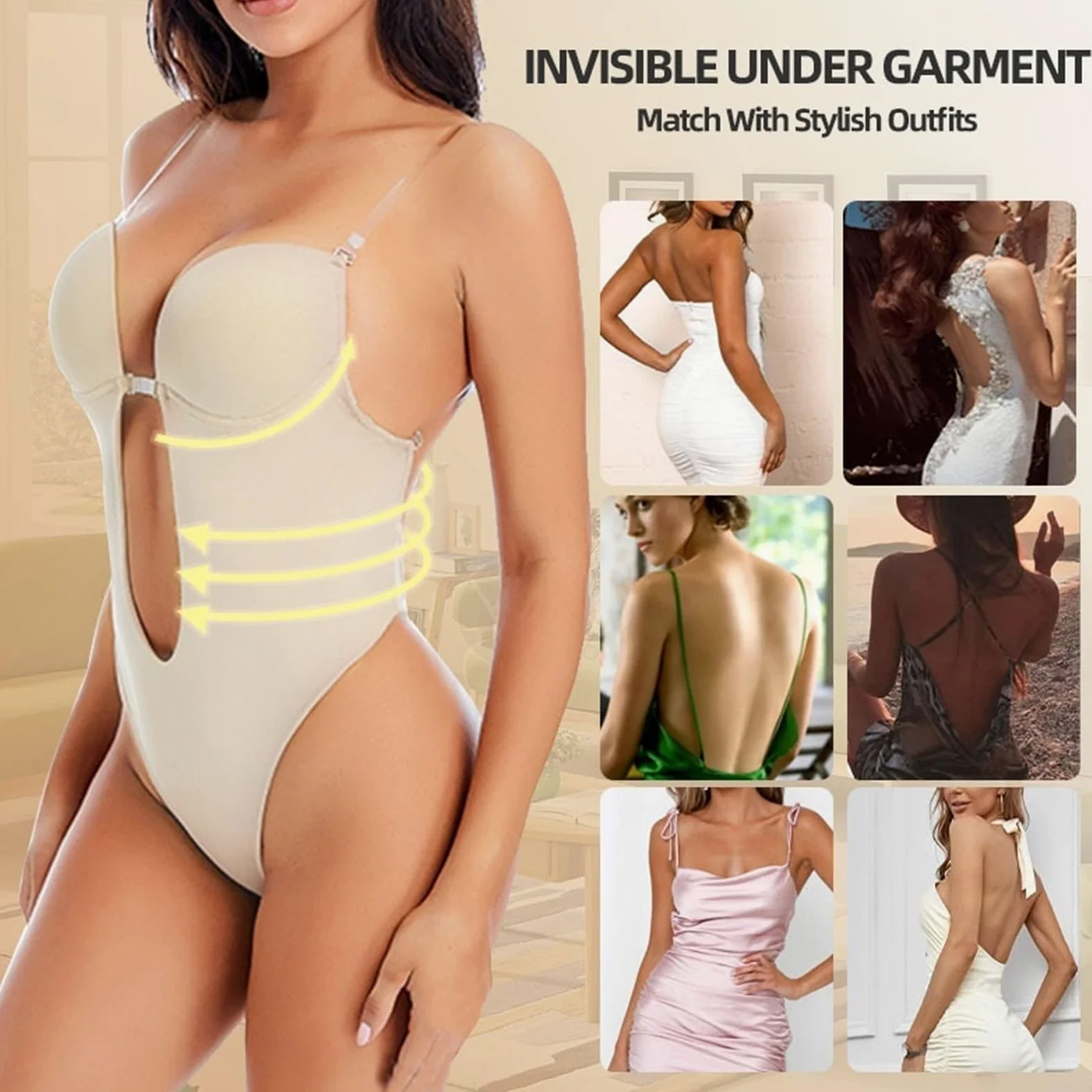 LYGBAOFUL Damskie bielizna modelująca body wyszczuplają brzuch Invishaper U Plunge Backless Body stringi body gorset talii Corse