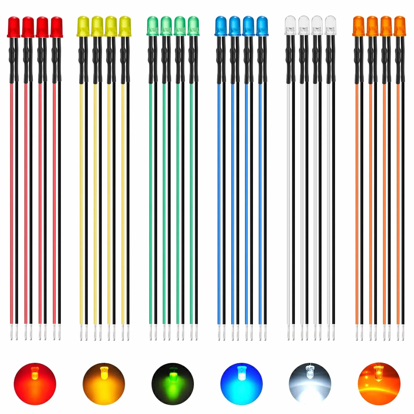 AUKENIEN 60sztuk 5MM 12V wstępnie okablowane diody LED zestaw asortymentowy 12 V okrągłe rozproszone diod elektroluminescencyjnych kolorów biały czerwony żółty zielony niebieski pomarańczowy