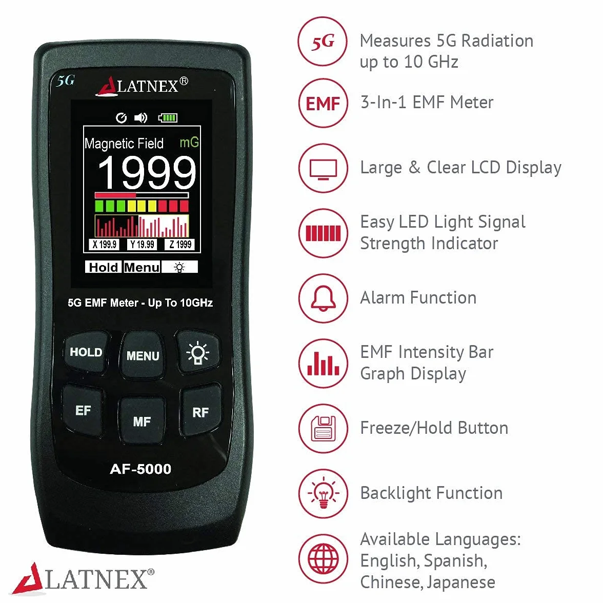 LATNEX AF-5000 - Trójosiowy tester EMF 5G RF, mikrofalówka i pola elektryczne ELF z certyfikatem kalibracji