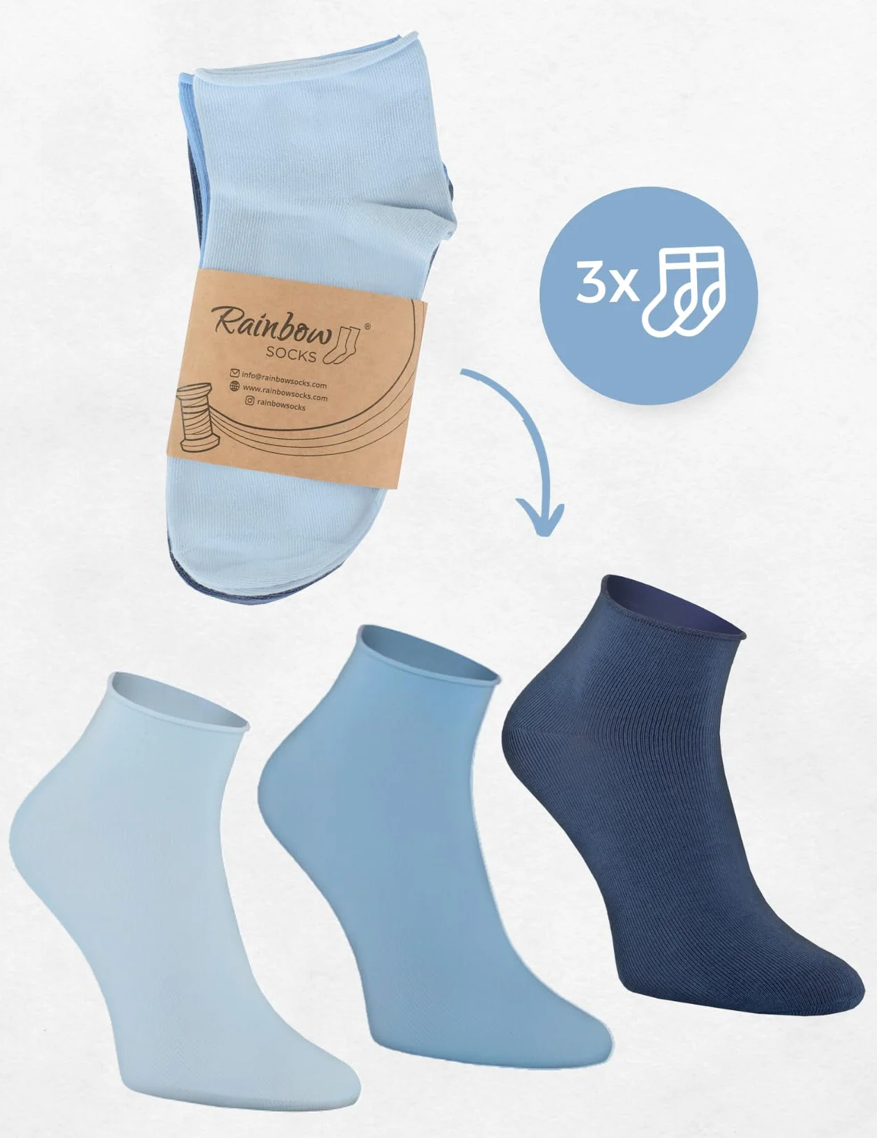 Rainbow Socks - Damskie bawełniane wygodne skarpety do kostek - beżowe, niebieskie, miętowe skarpety - 3 lub 5 par, 3 x niebieski, 36-38 EU